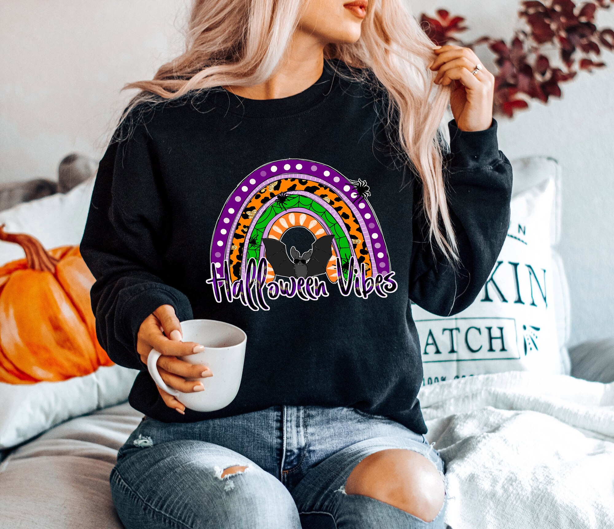 Halloween Vibes Rainbow Sweatshirt: Spooky Funny Women's Gift Shirt image 4