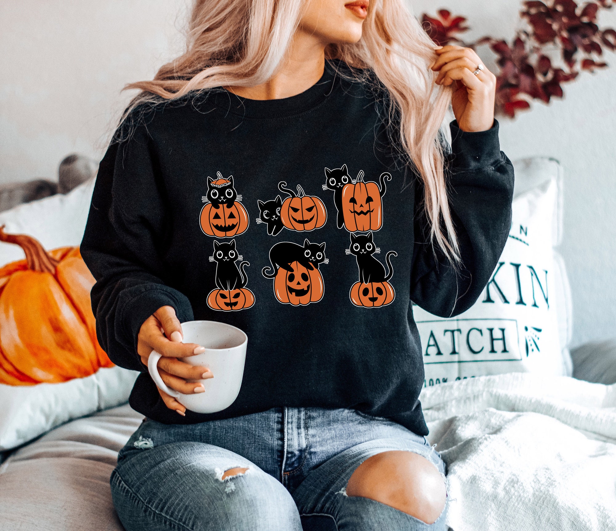 Halloween Cat and Ghost Sweatshirt: Cool Cat Lover Shirt for Spooky Season image 3