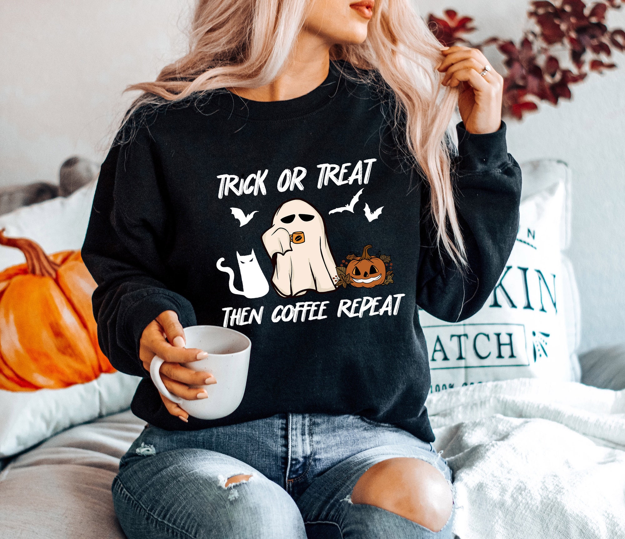 Halloween Trick or Treat Coffee Shirt: Funny Halloween Sweatshirt image 3