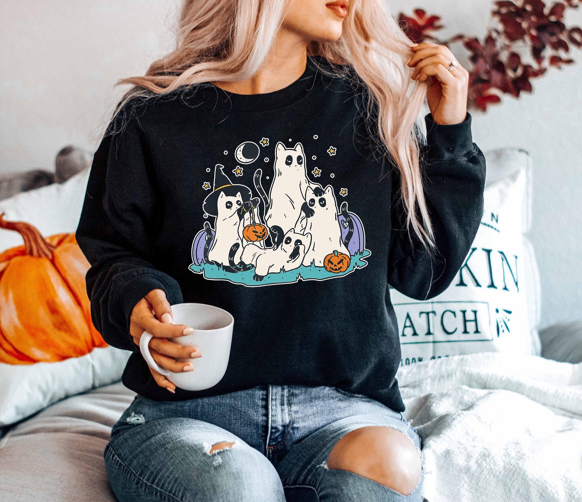 Halloween Ghost Cat Sweatshirt image 4