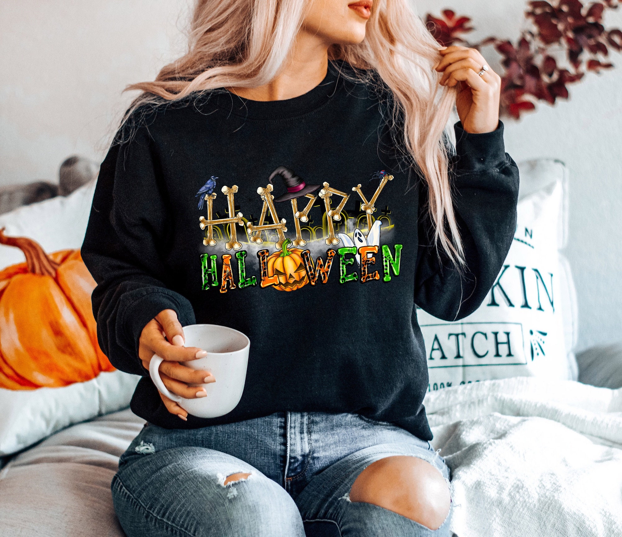 Happy Halloween Sweatshirt Funny Women's Halloween Shirt image 0
