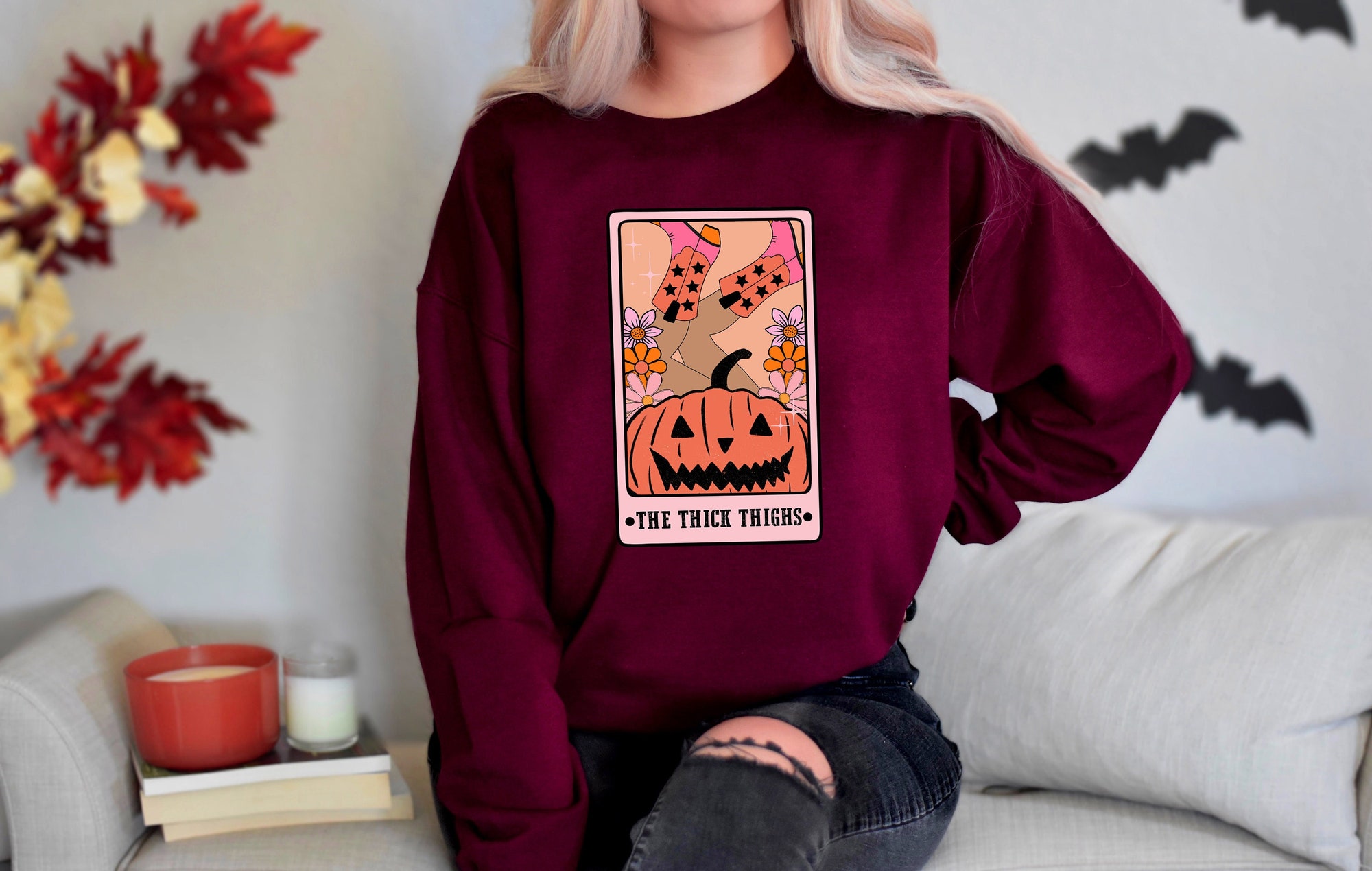 Thick Thighs Spooky Vibes Funny Halloween Shirt image 0