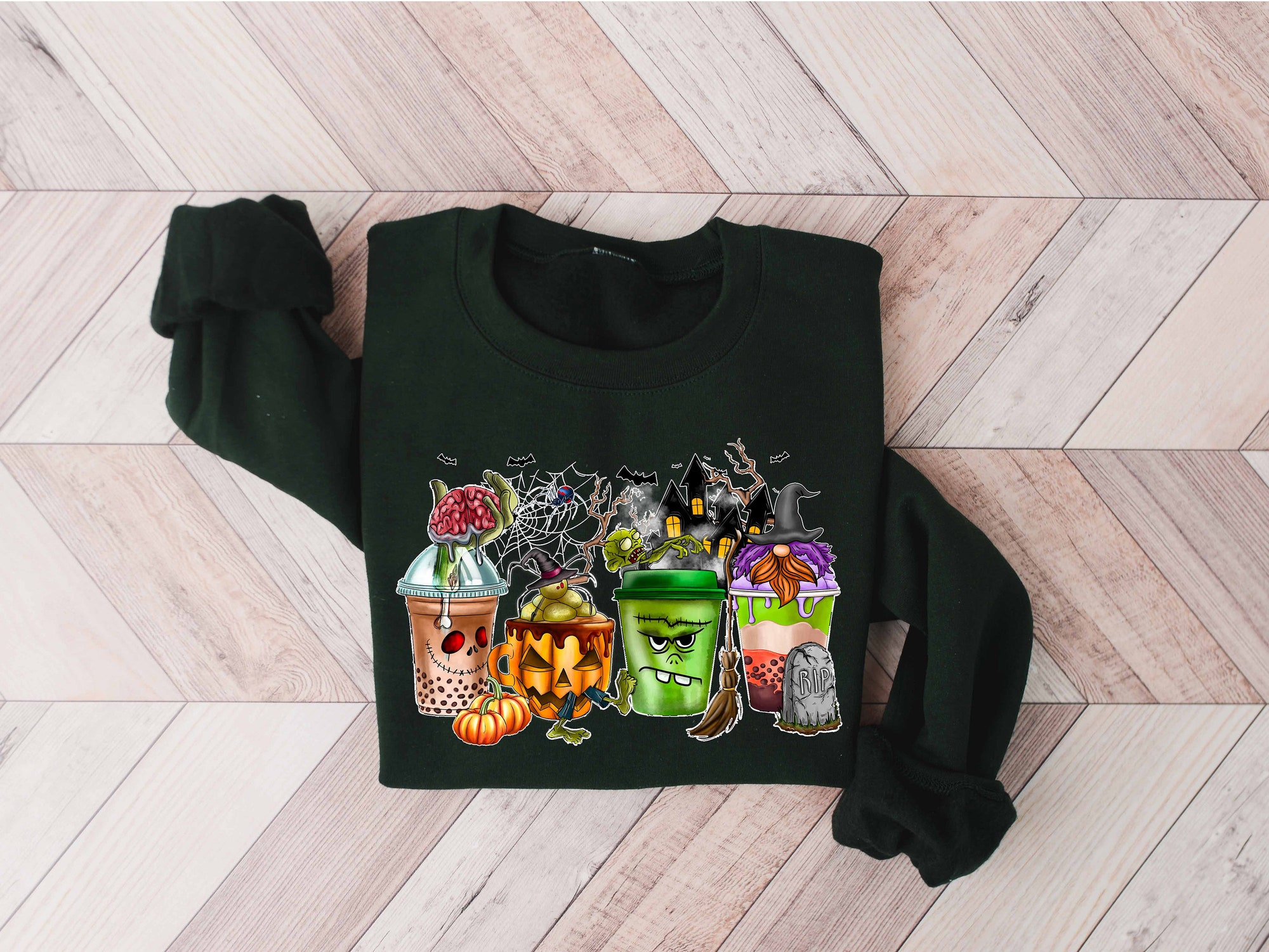 Skeleton Coffee Cups Sweatshirt: Gnomes Halloween Coffee Lover Design image 0