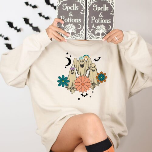 Retro Floral Ghost Halloween Sweatshirt - Spooky Season Pumpkin Sweater image 0