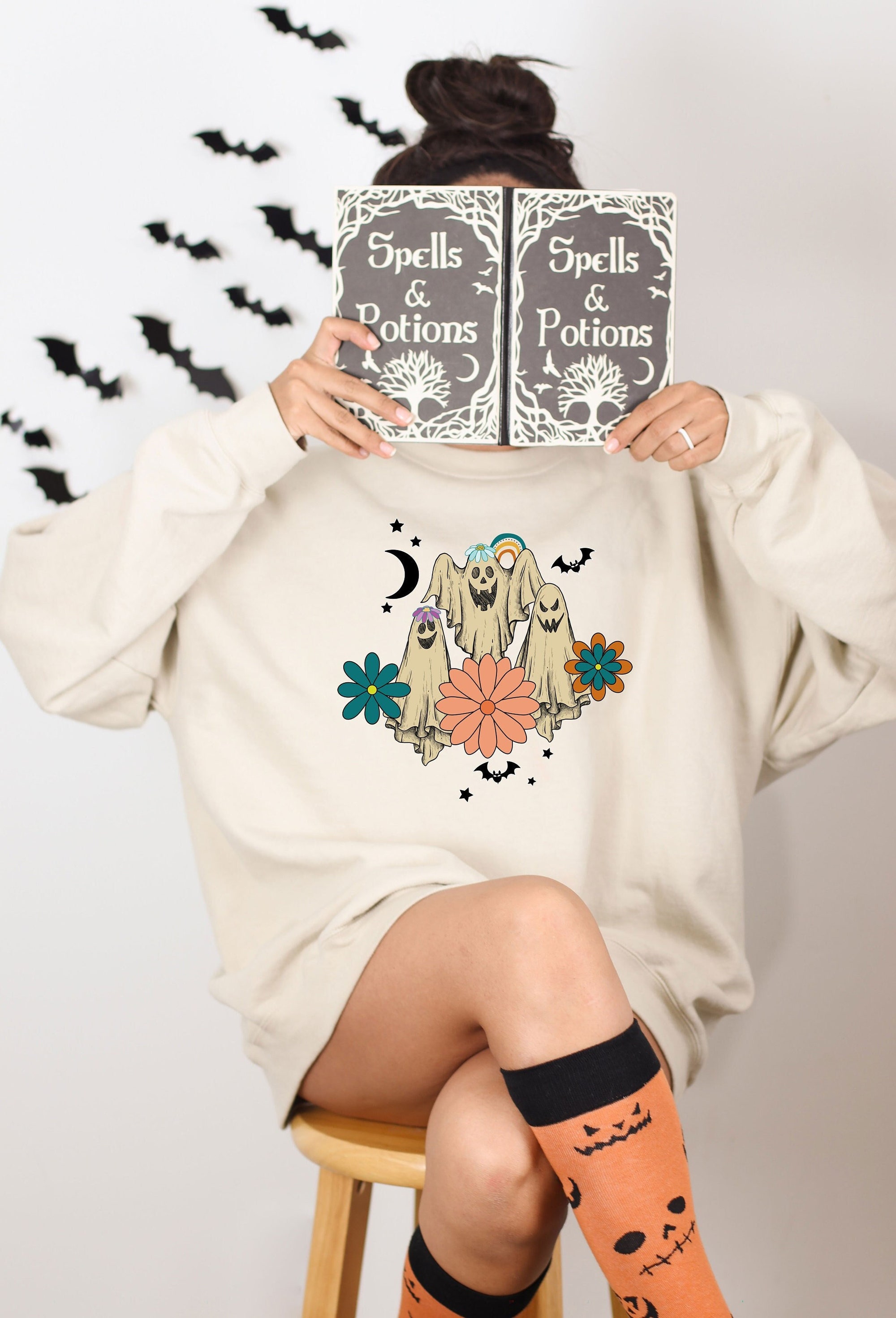 Retro Floral Ghost Halloween Sweatshirt - Spooky Season Pumpkin Sweater image 0