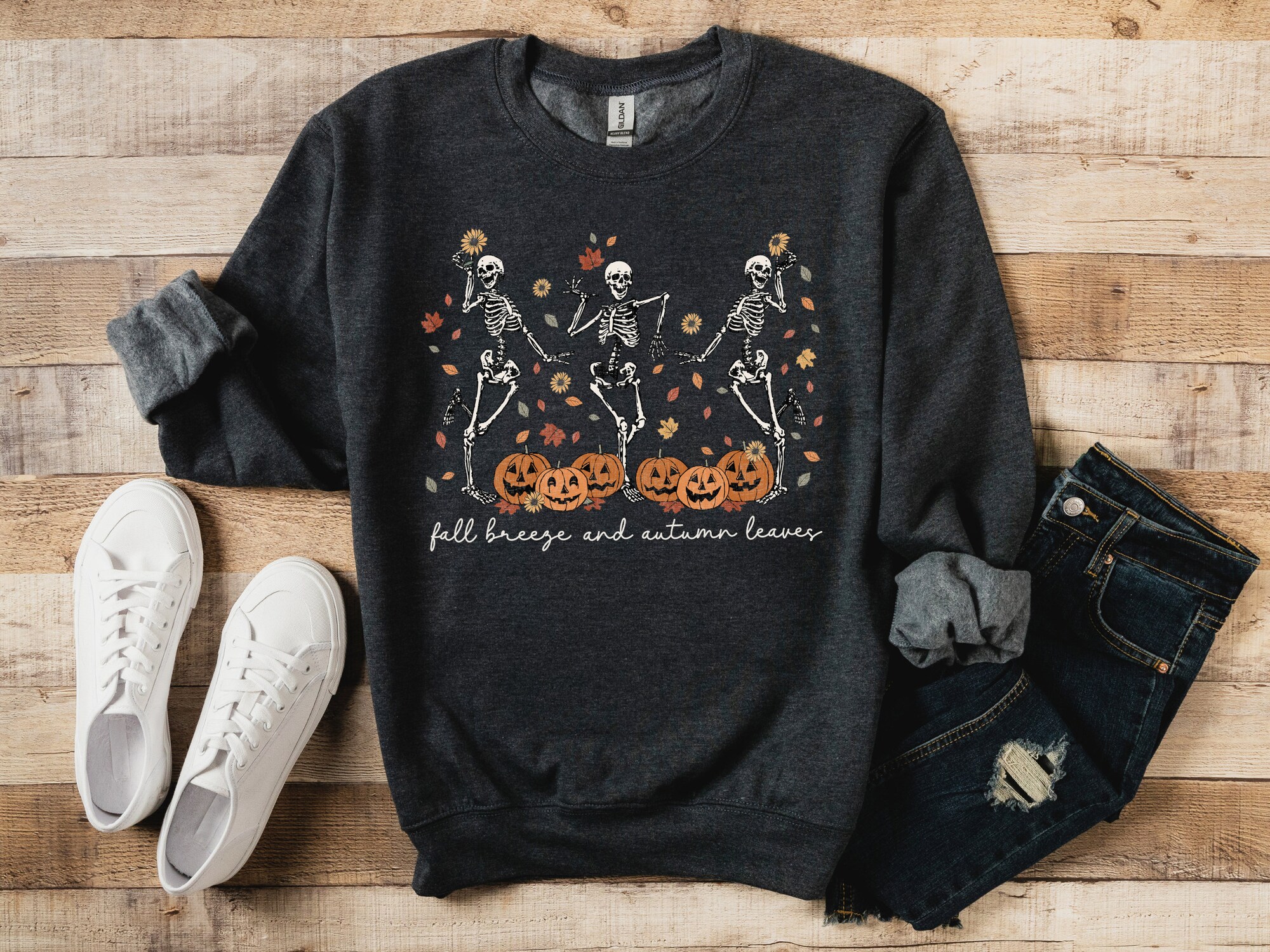 Dancing Skeleton Sweatshirt - Pumpkin Fall Halloween Party Sweater image 3