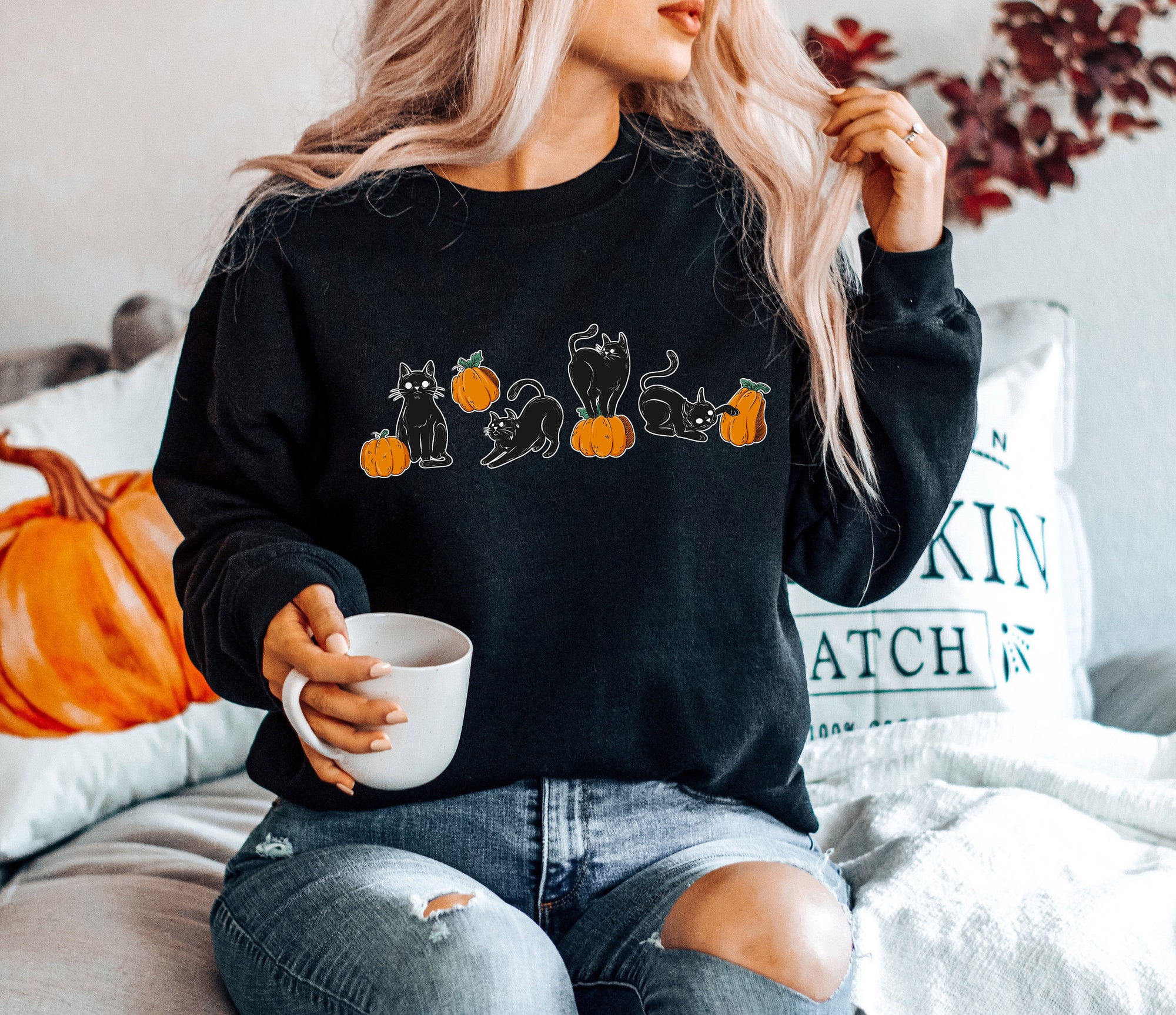 Halloween Cat Sweatshirt Halloween Sweater image 3