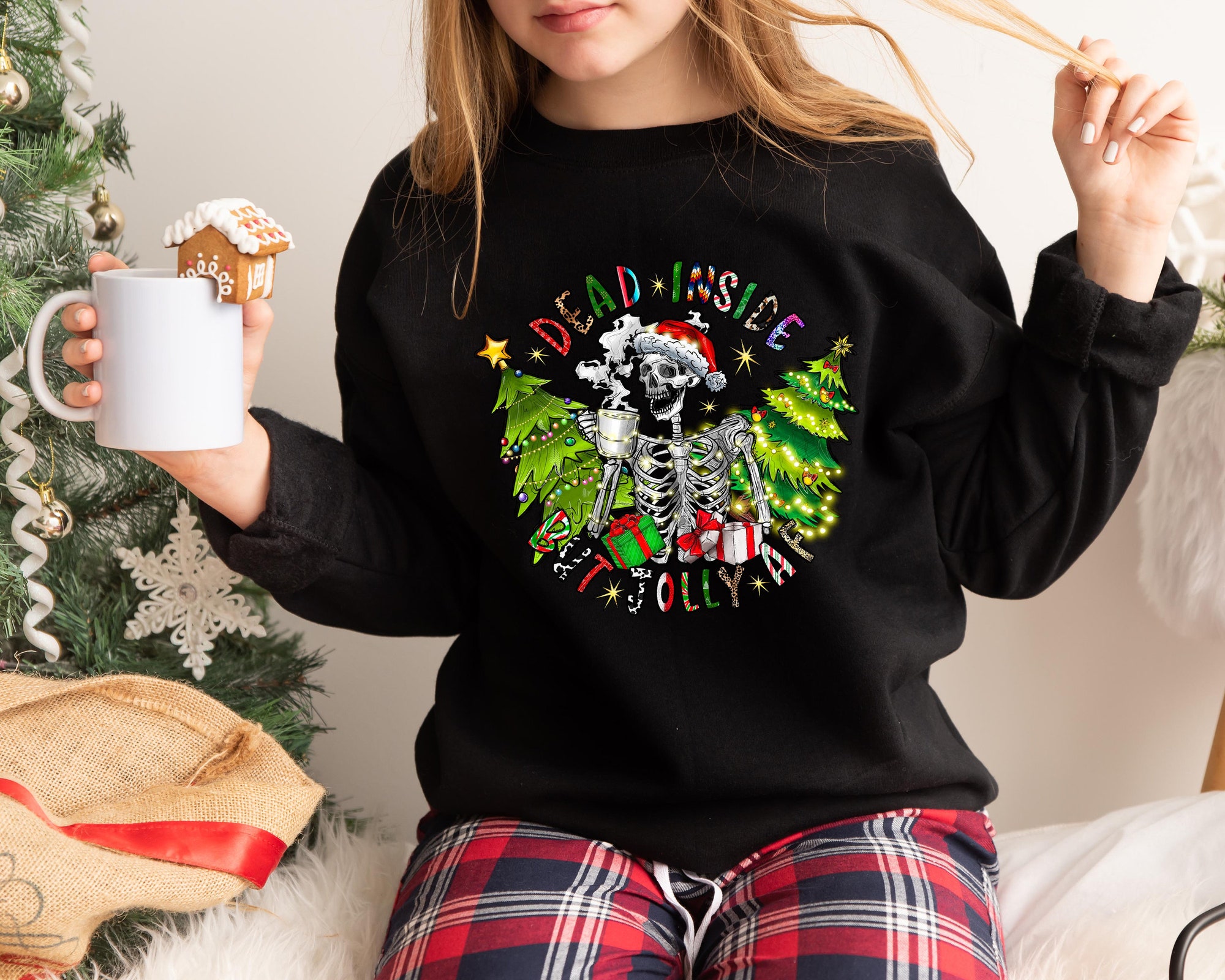 Dead Inside But Jolly Af Sweatshirt | Skeleton Christmas Coffee Lover Shirt image 3