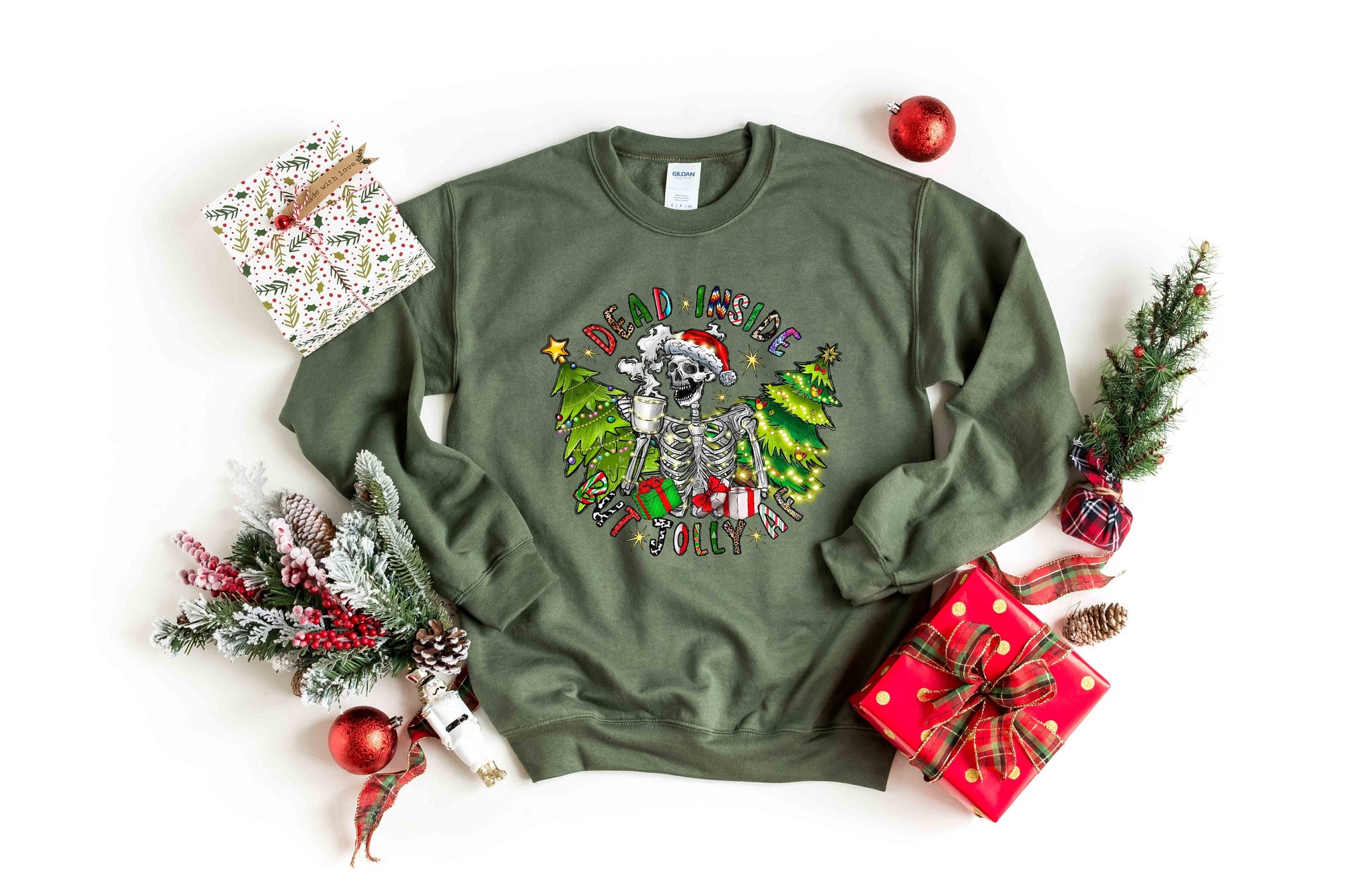Dead Inside But Jolly Af Sweatshirt | Skeleton Christmas Coffee Lover Shirt image 0