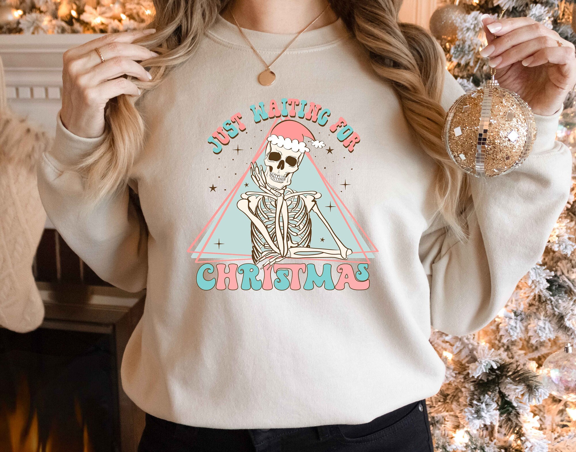 Just Waiting For Christmas Sweatshirt | Holiday Skeleton Shirt image 2