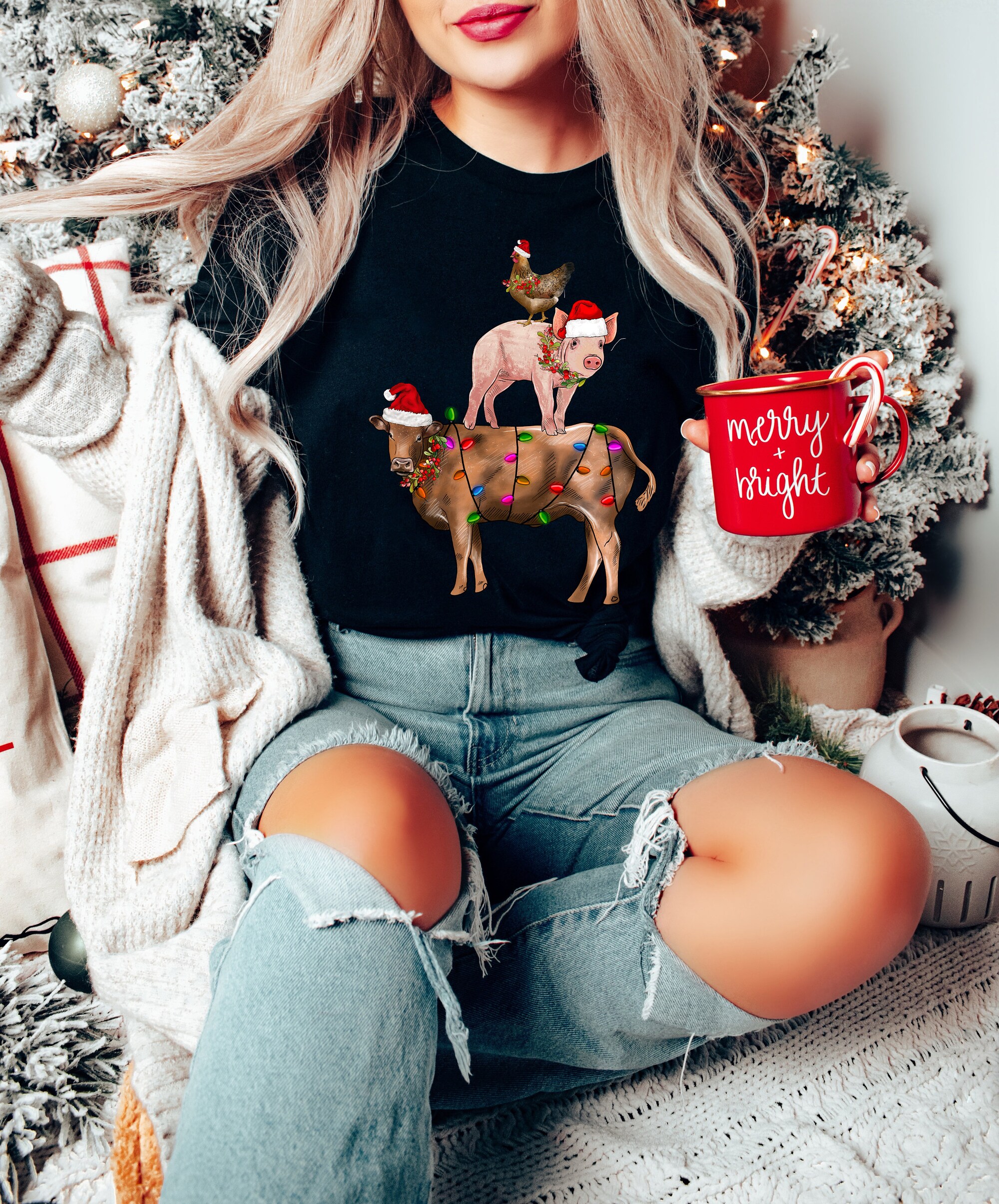 Merry Christmas Farm Animals Tee: Perfect for Cow & Animal Lovers image 2