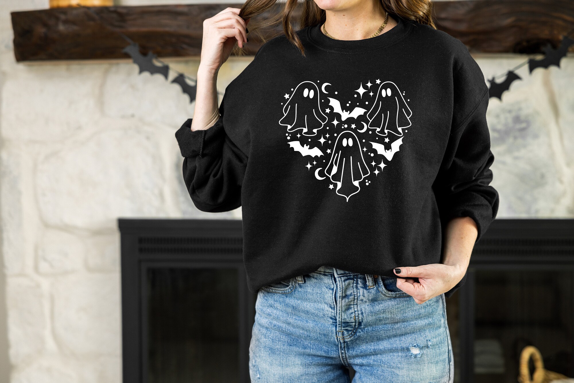 Ghost Sweatshirt: Spooky Season Doodle Heart Halloween Shirt image 2