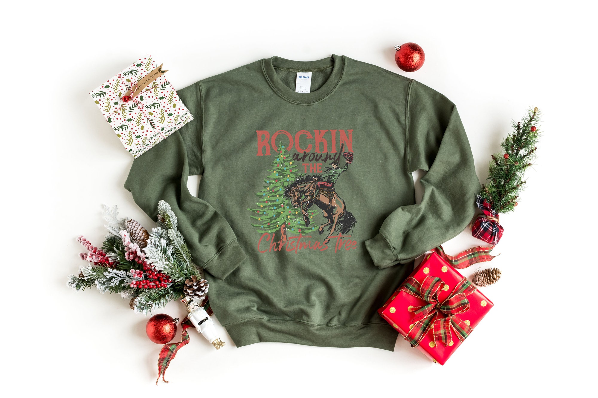 Rocking Around The Christmas Tree Sweatshirt: Retro Western Shirt image 1