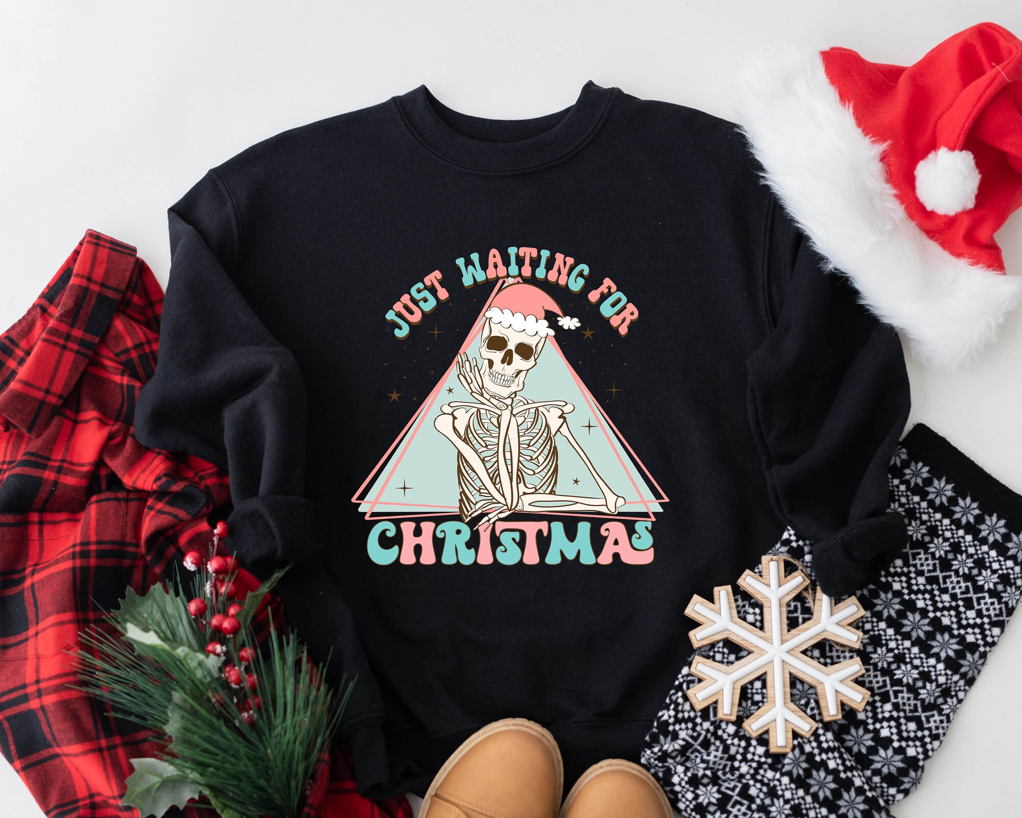 Just Waiting For Christmas Sweatshirt | Holiday Skeleton Shirt image 1