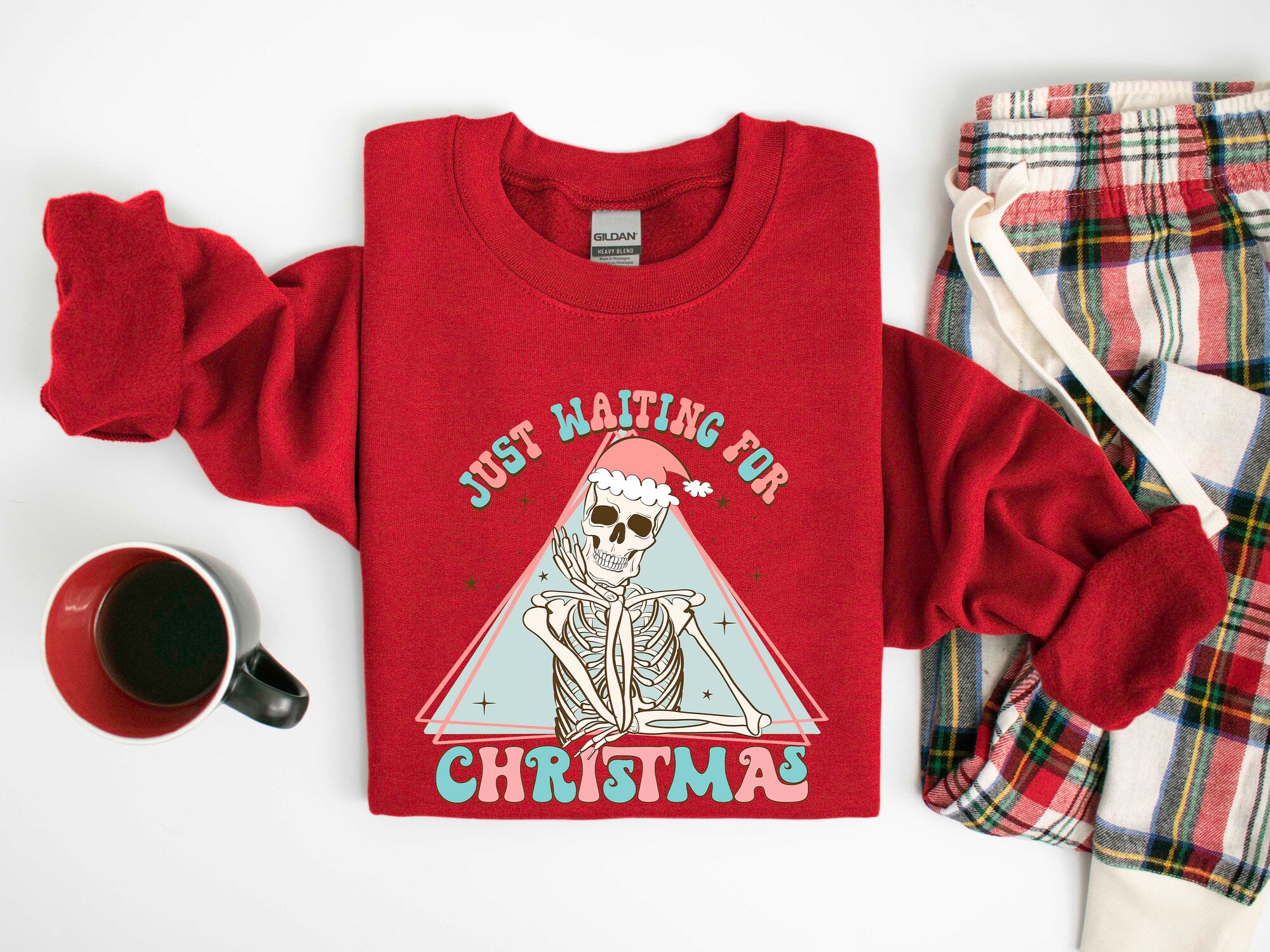 Just Waiting For Christmas Sweatshirt | Holiday Skeleton Shirt image 4