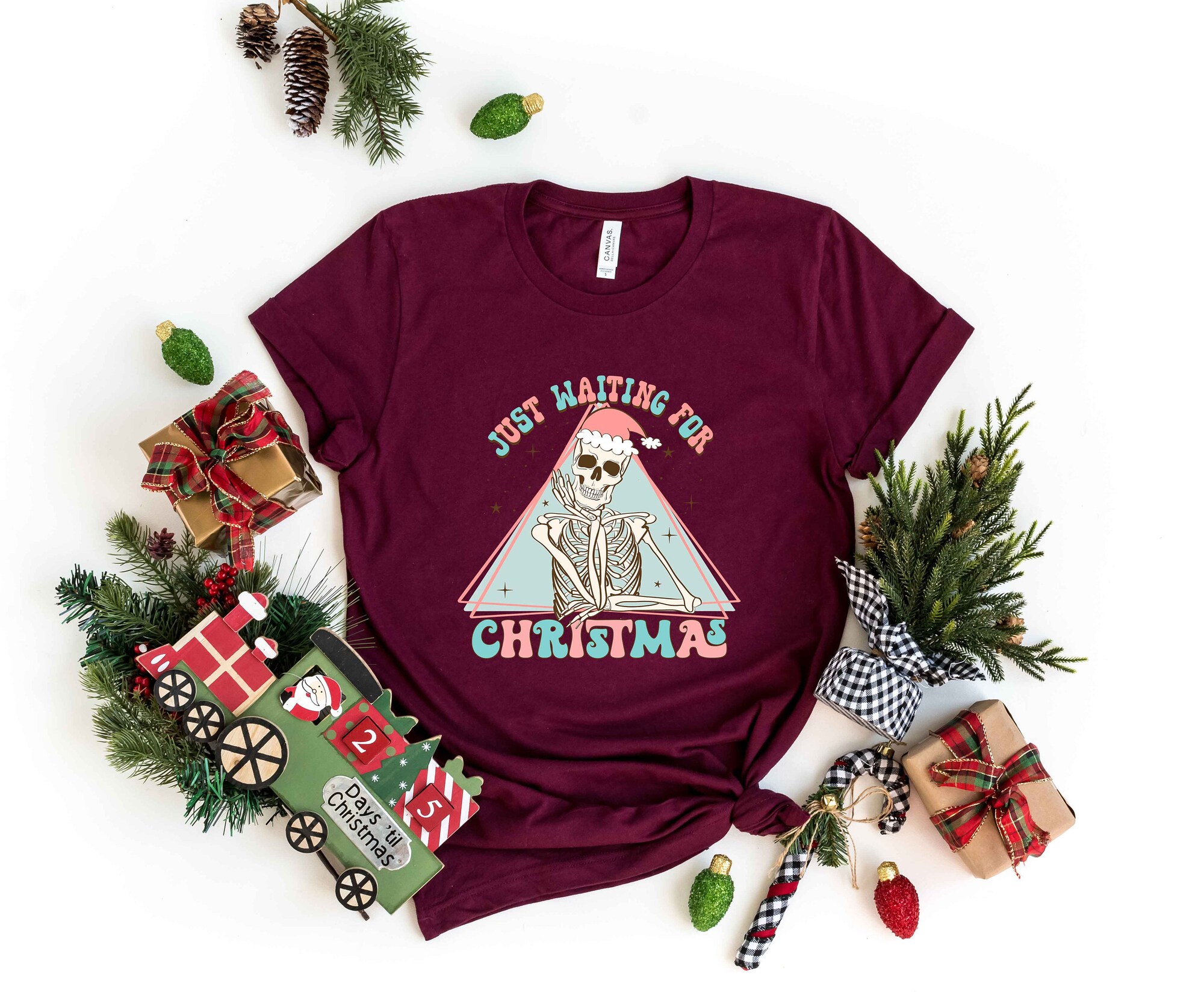 Just Waiting For Christmas Sweatshirt | Holiday Skeleton Shirt image 3