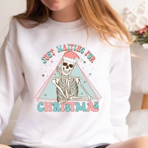 Just Waiting For Christmas Sweatshirt | Holiday Skeleton Shirt image 0