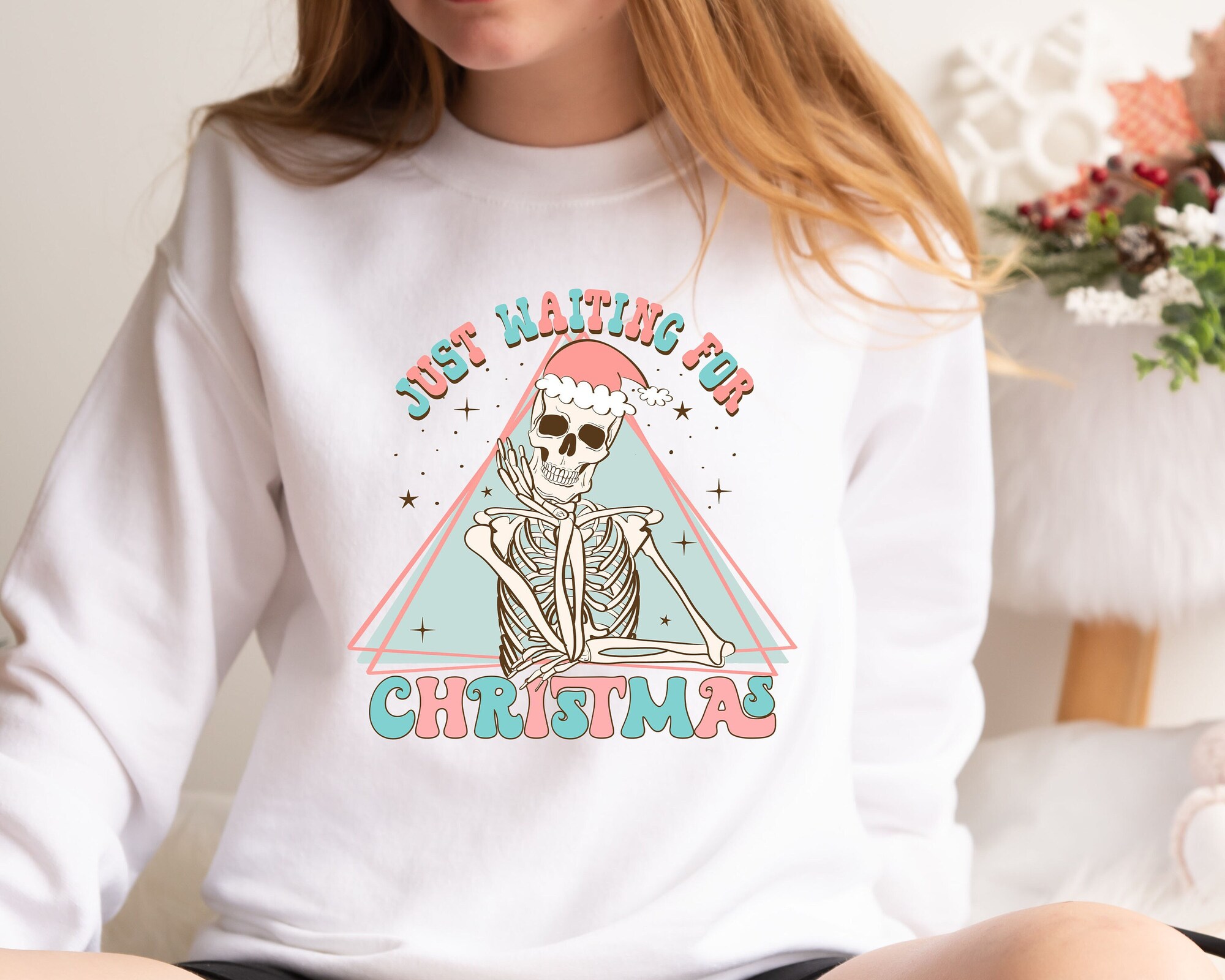 Just Waiting For Christmas Sweatshirt | Holiday Skeleton Shirt image 0