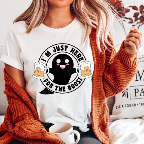 Just Here For The Boos: Funny Halloween Skater Ghost Shirt image 0