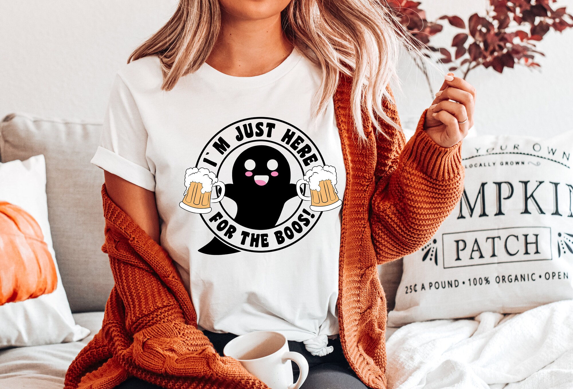Just Here For The Boos: Funny Halloween Skater Ghost Shirt image 0