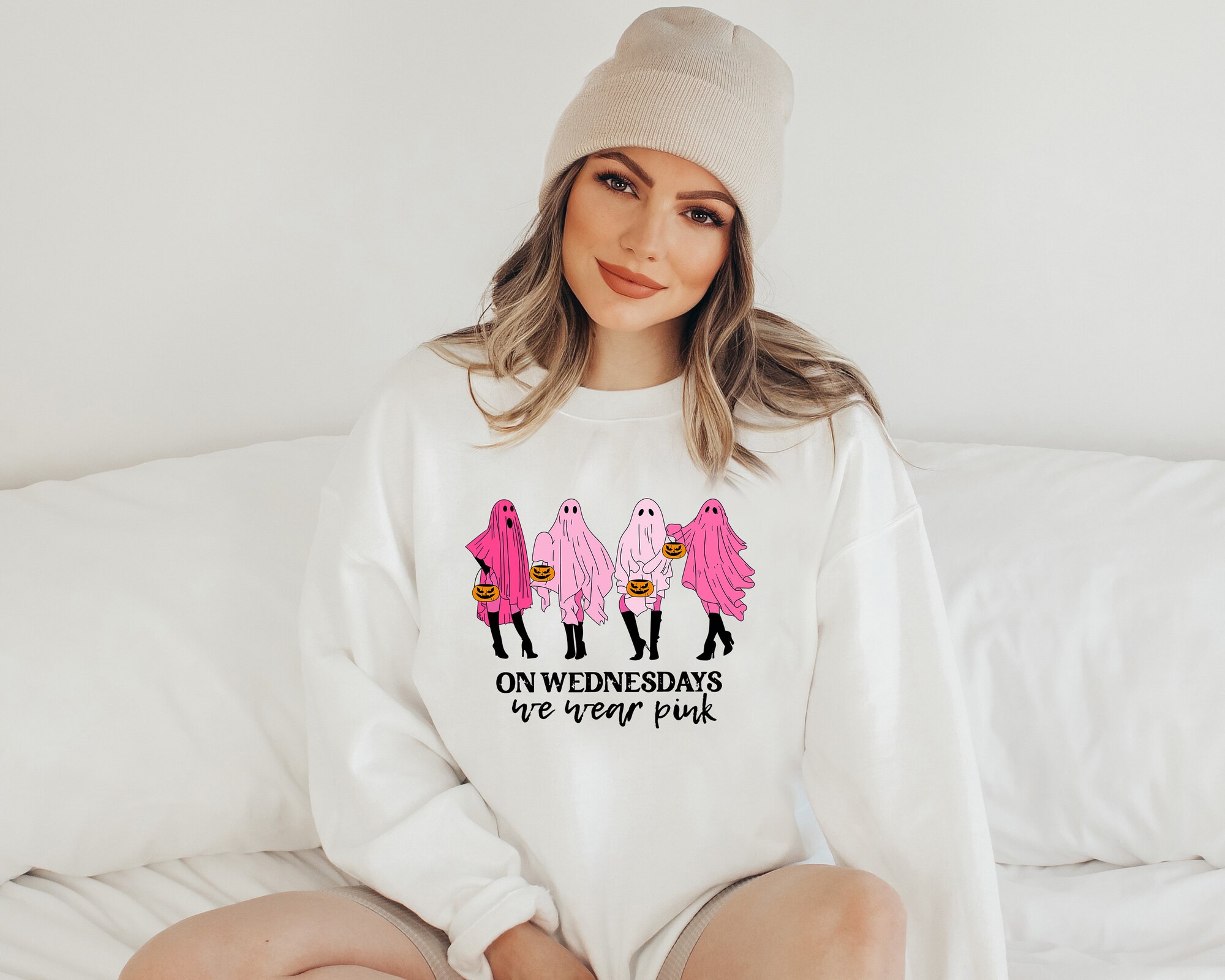 On Wednesday We Wear Pink Ghost Sweatshirt: Mean Girls Halloween Shirt image 2