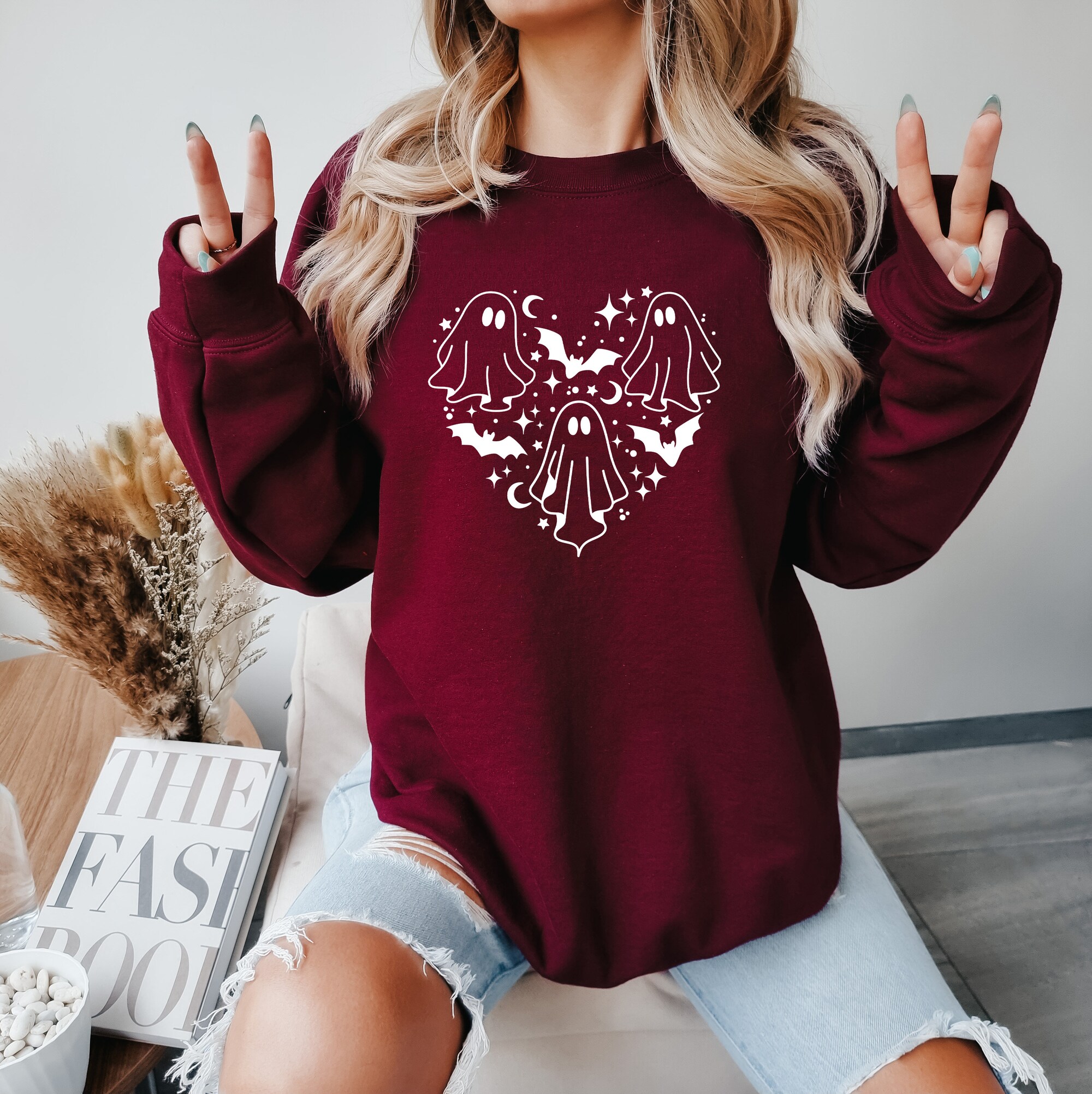 Ghost Sweatshirt: Spooky Season Doodle Heart Halloween Shirt image 3