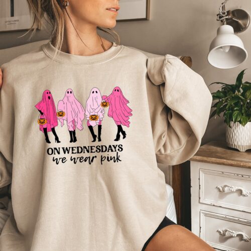 On Wednesday We Wear Pink Ghost Sweatshirt: Mean Girls Halloween Shirt image 0