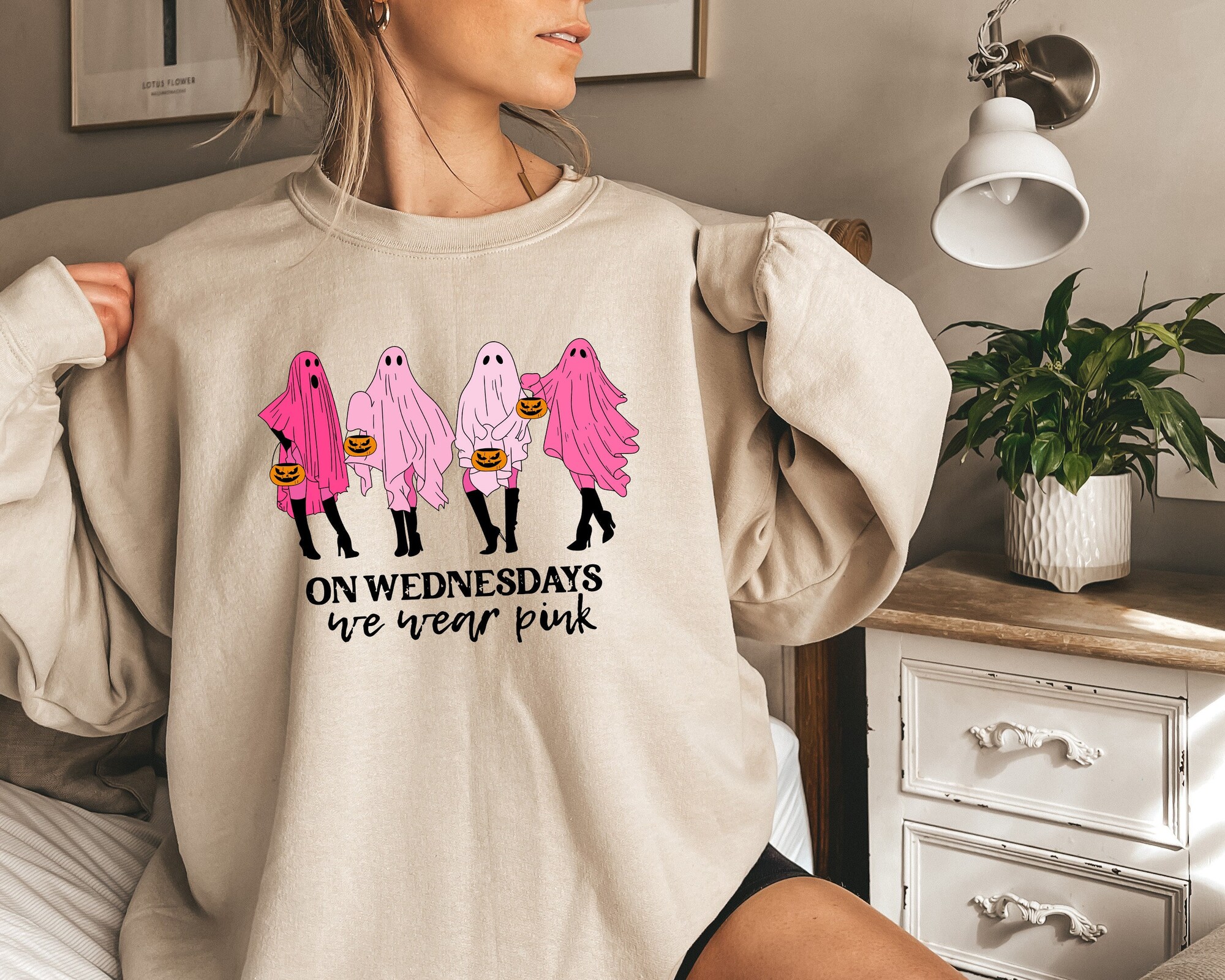 On Wednesday We Wear Pink Ghost Sweatshirt: Mean Girls Halloween Shirt image 0