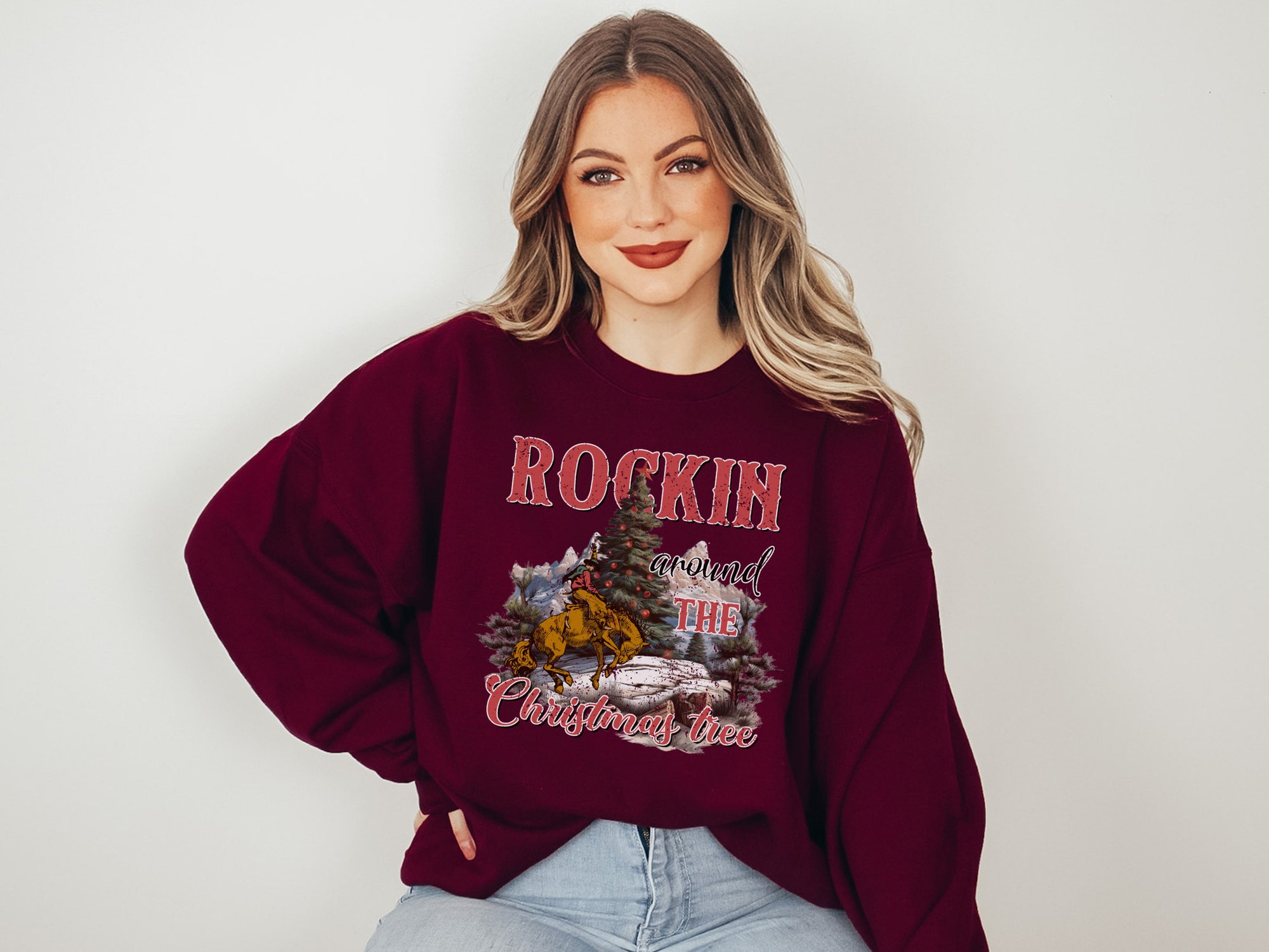 Retro Cowboy Christmas Sweatshirt - Rockin' Holiday Tee image 3