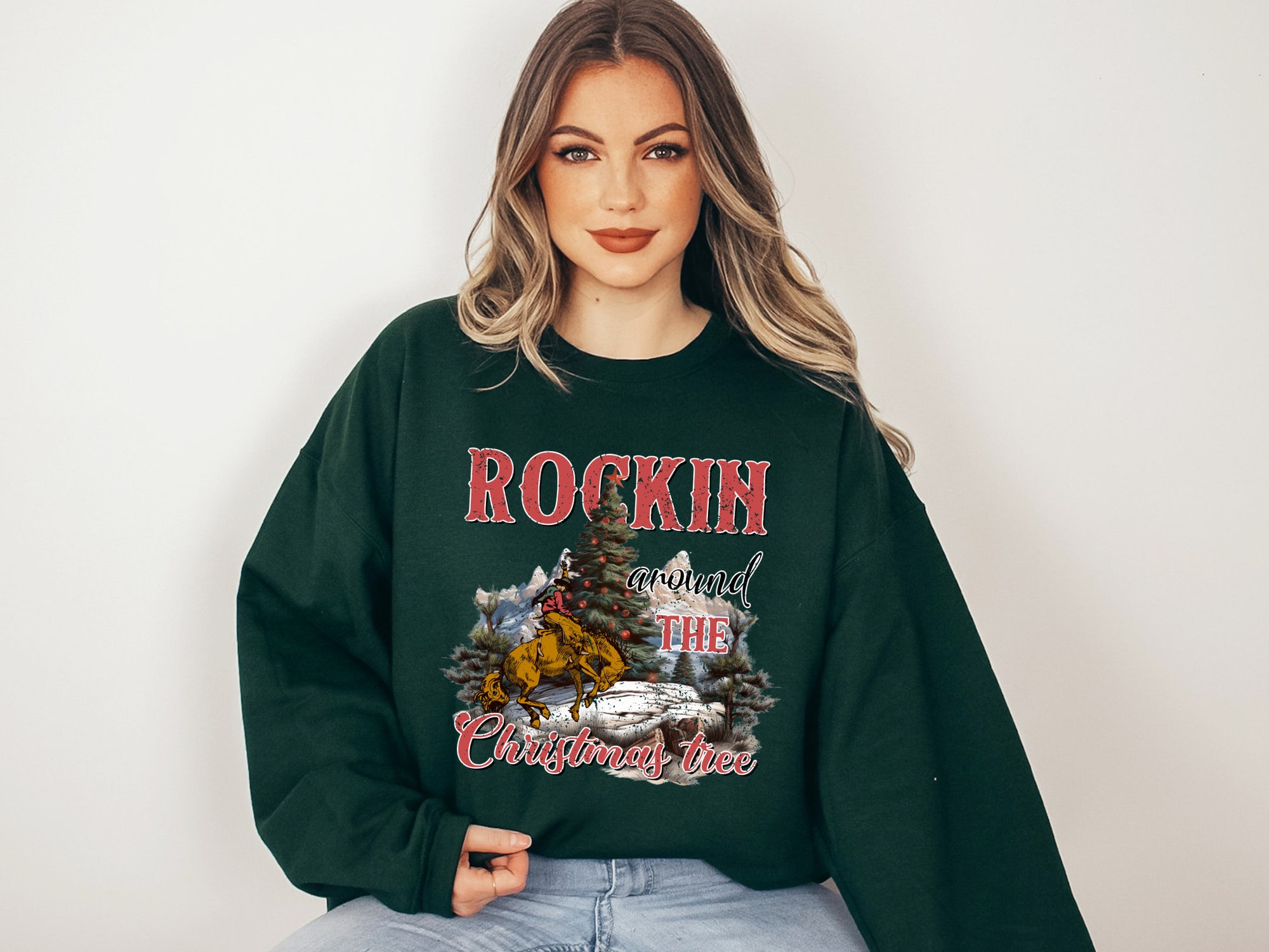 Retro Cowboy Christmas Sweatshirt - Rockin' Holiday Tee image 2