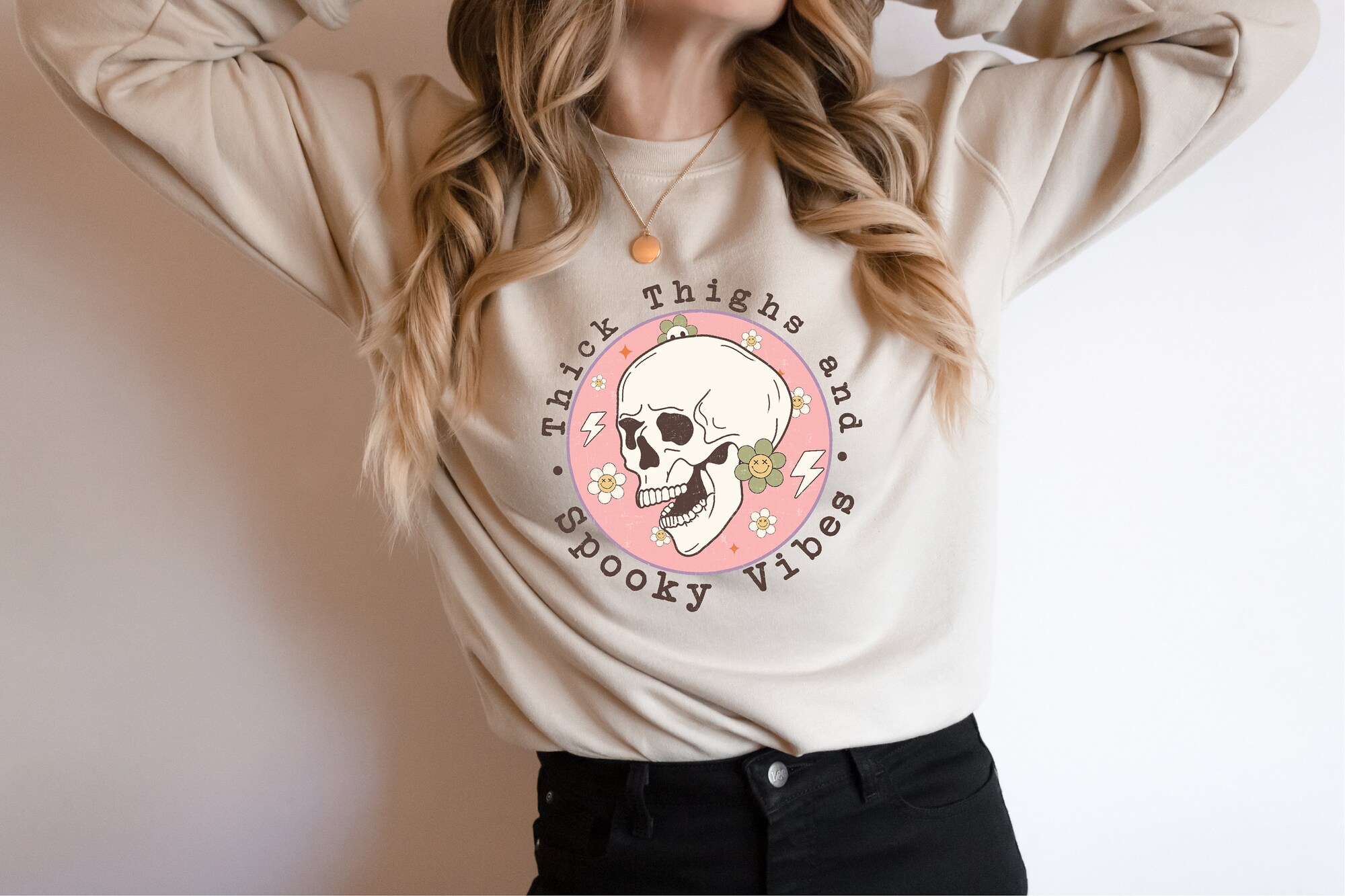 Thick Thighs & Spooky Vibes: Funny Halloween Party Sweatshirt image 2