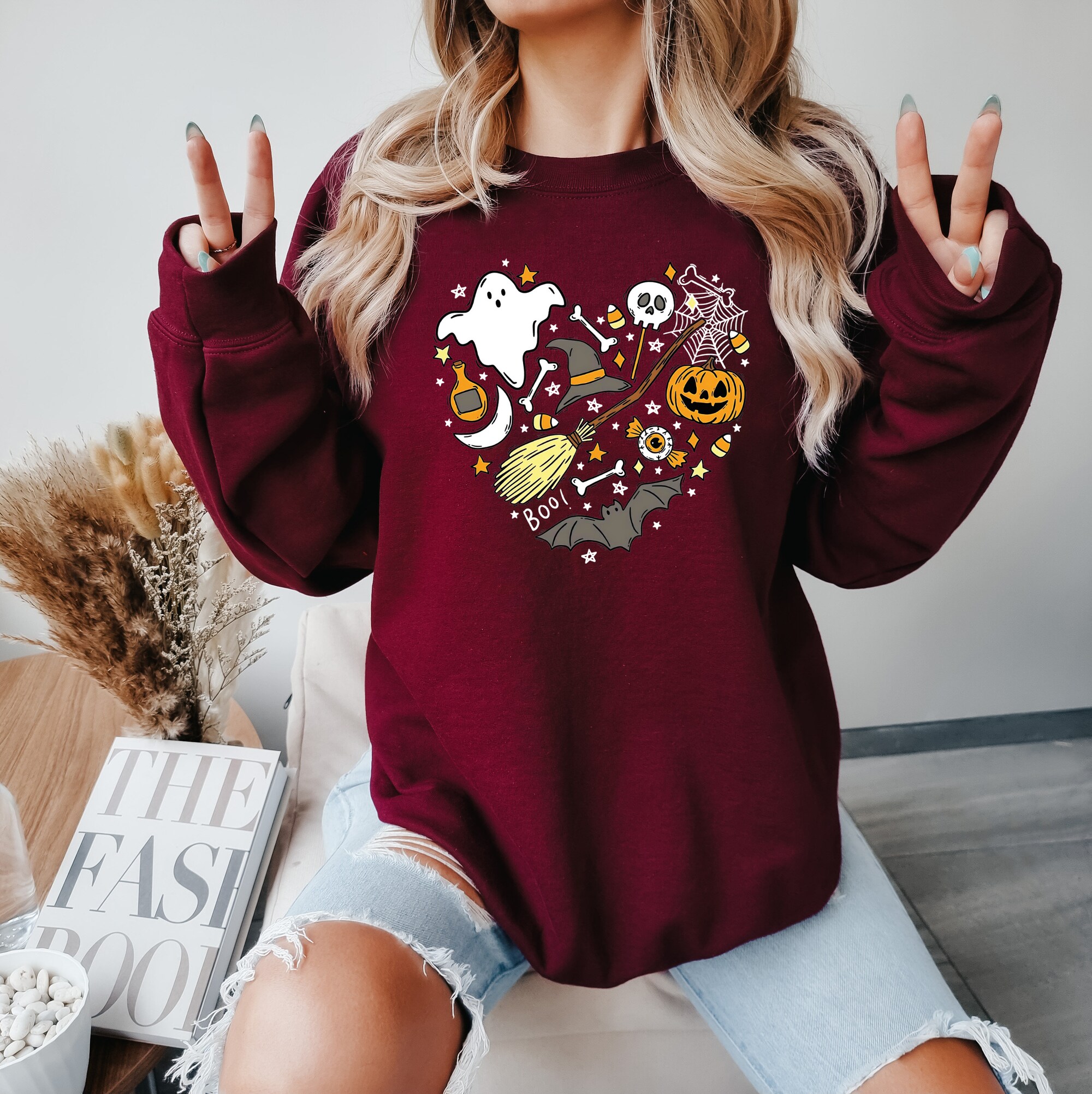 Halloween Doodles Heart Shirt: Ghost Sweatshirt Spooky Season Halloween Gift image 3