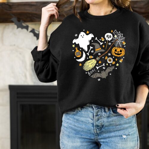 Halloween Doodles Heart Shirt: Ghost Sweatshirt Spooky Season Halloween Gift image 0