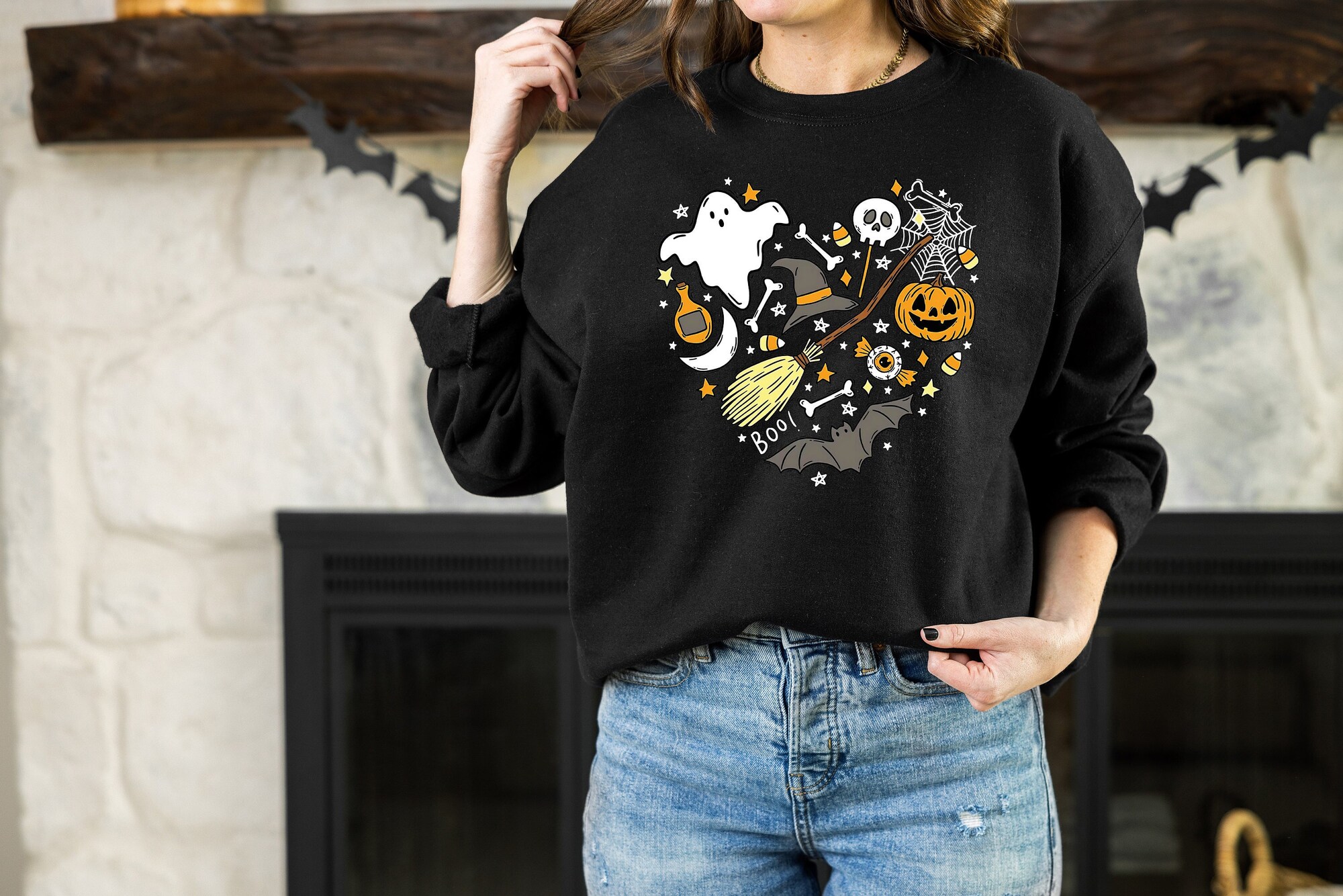 Halloween Doodles Heart Shirt: Ghost Sweatshirt Spooky Season Halloween Gift image 0