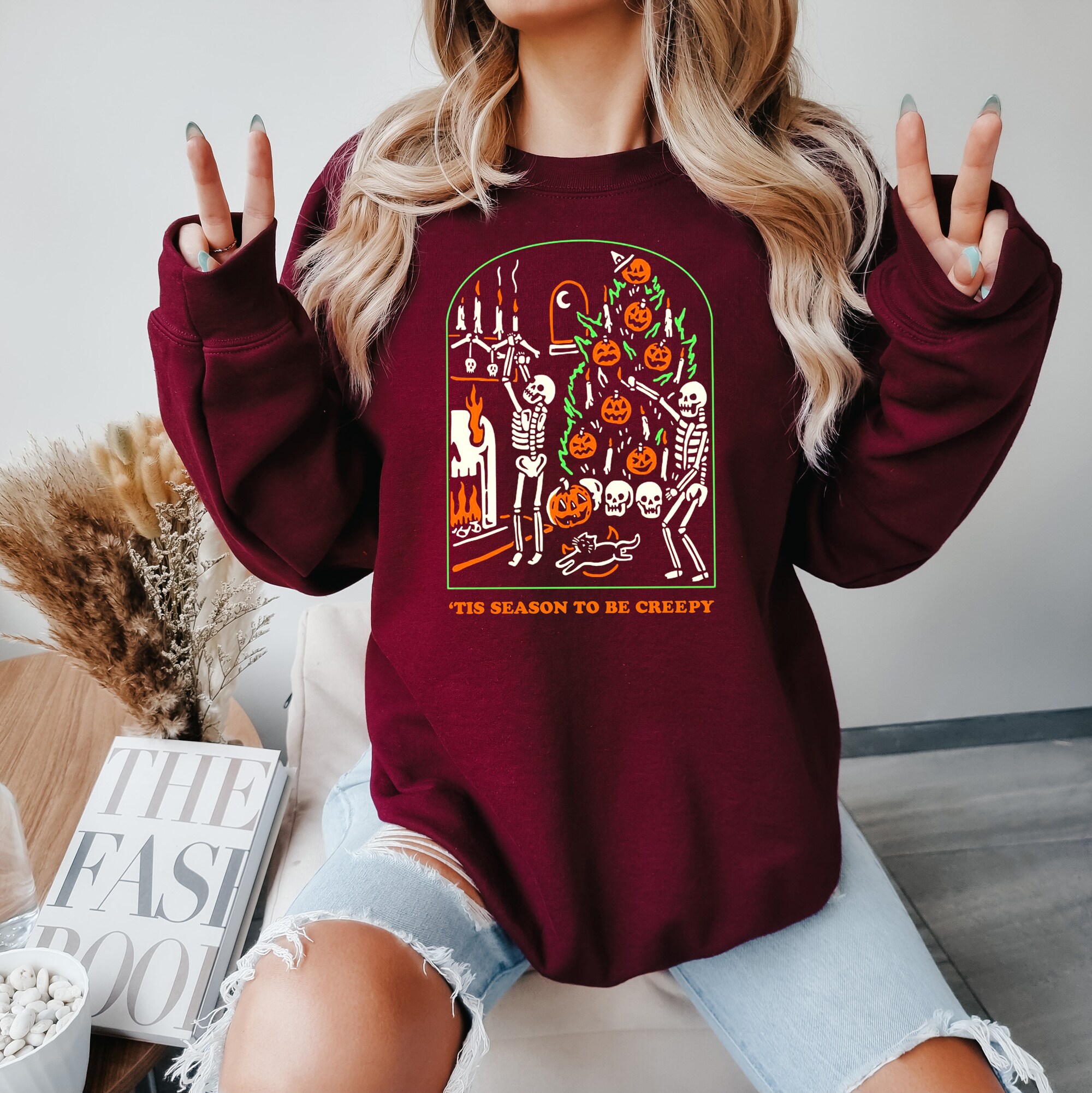 Tis the Season to be Creepy Sweatshirt: Funny Skeleton Halloween Spooky Vibes image 1