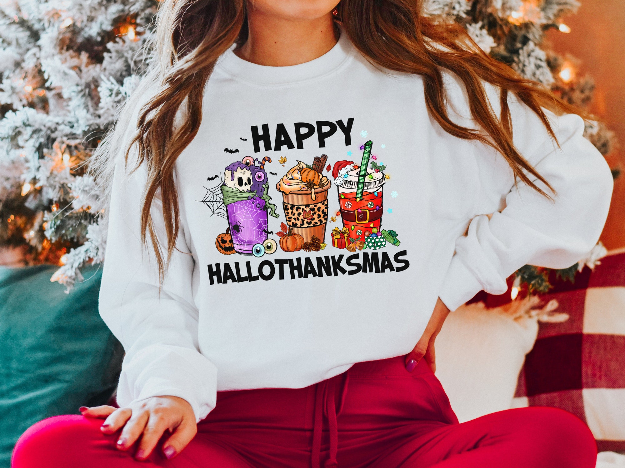 Happy Hallothanksmas Sweatshirt - Festive Holiday Season Style Christmas Tee image 1