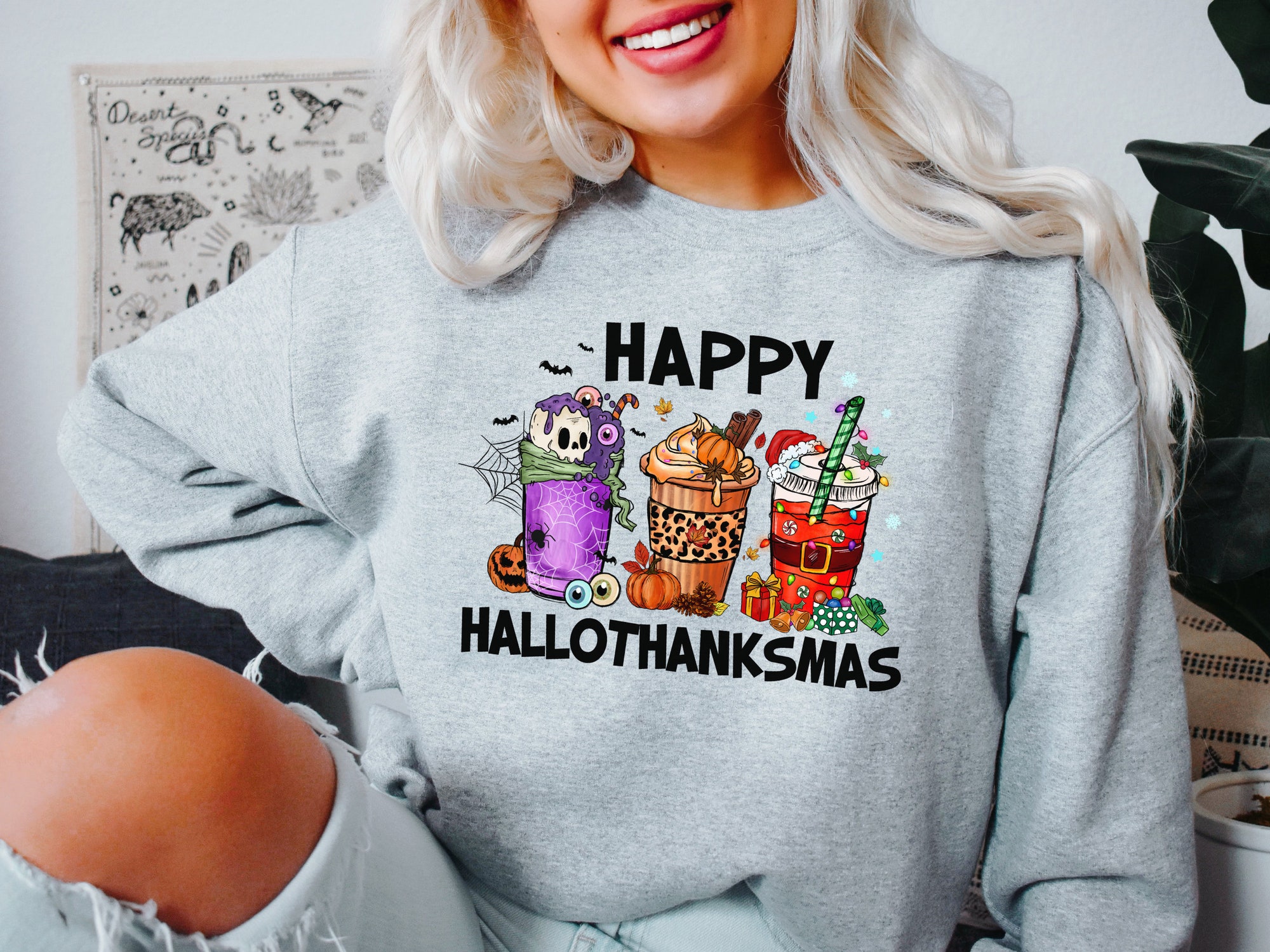 Happy Hallothanksmas Sweatshirt - Festive Holiday Season Style Christmas Tee image 4