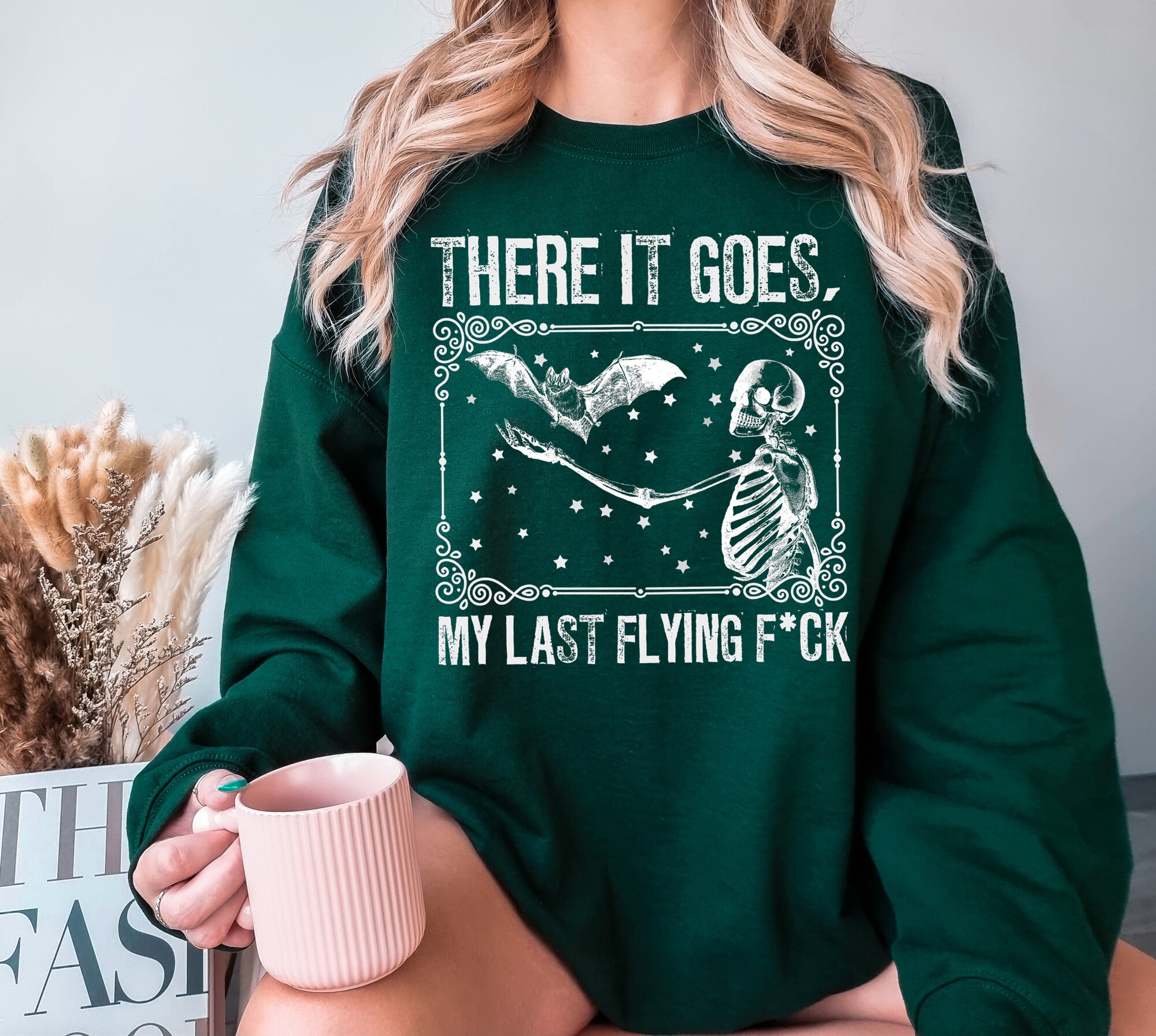 There It Goes My Last Flying F*ck: Sarcastic Skeleton Spooky Vibes Halloween Tee image 1