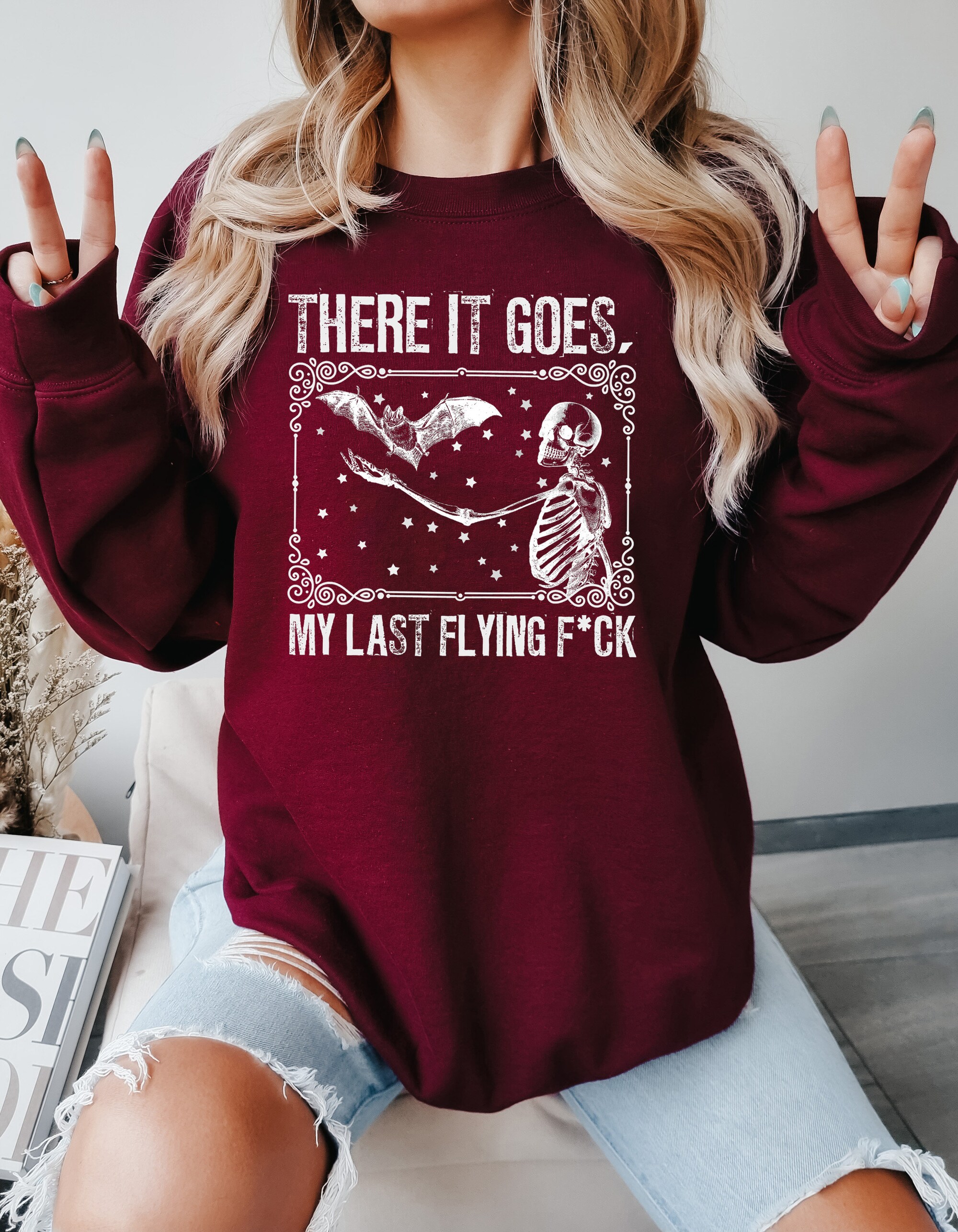 There It Goes My Last Flying F*ck: Sarcastic Skeleton Spooky Vibes Halloween Tee image 4