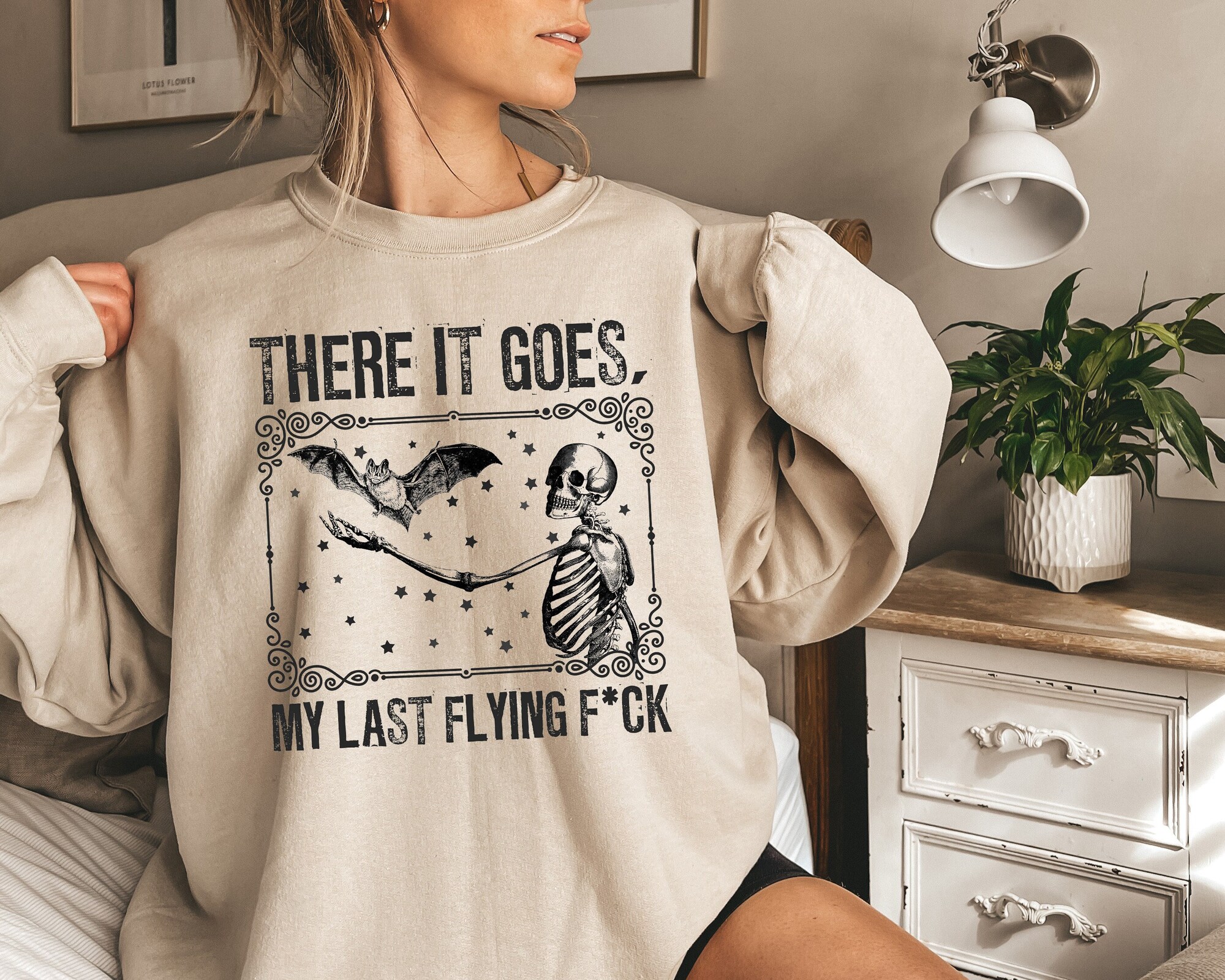 There It Goes My Last Flying F*ck: Sarcastic Skeleton Spooky Vibes Halloween Tee image 0