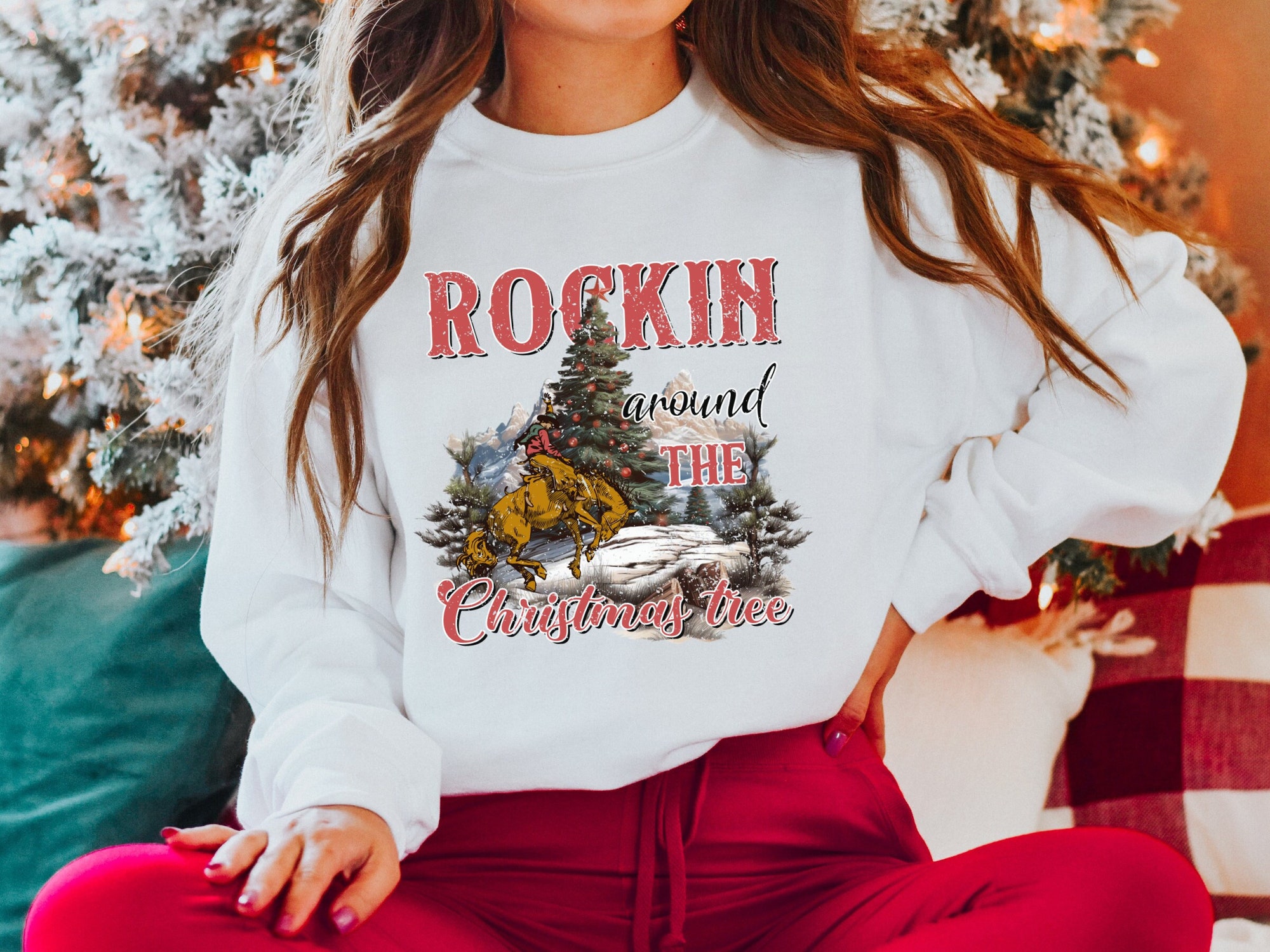 Retro Cowboy Christmas Sweatshirt - Rockin' Holiday Tee image 1