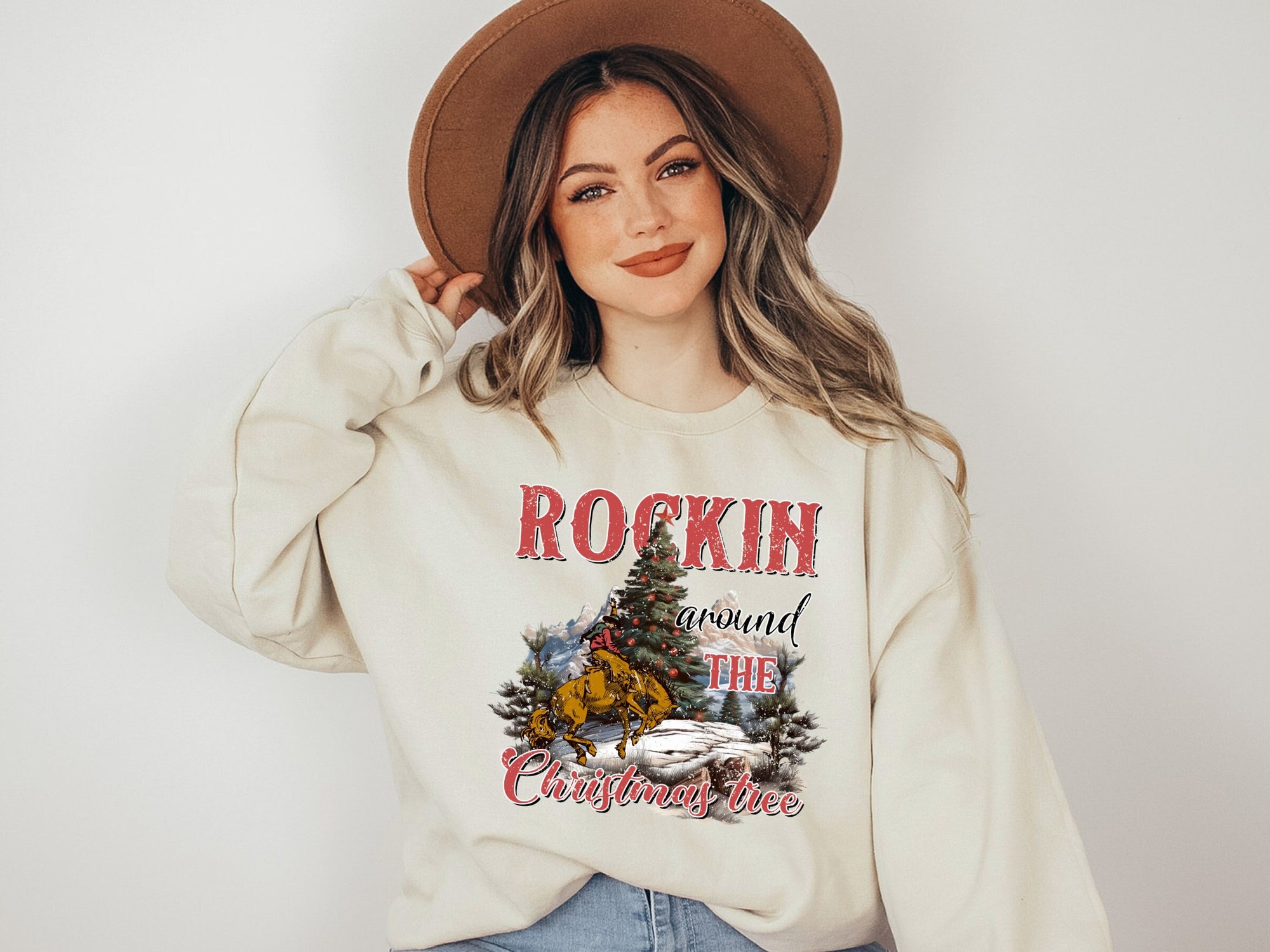 Retro Cowboy Christmas Sweatshirt - Rockin' Holiday Tee image 0