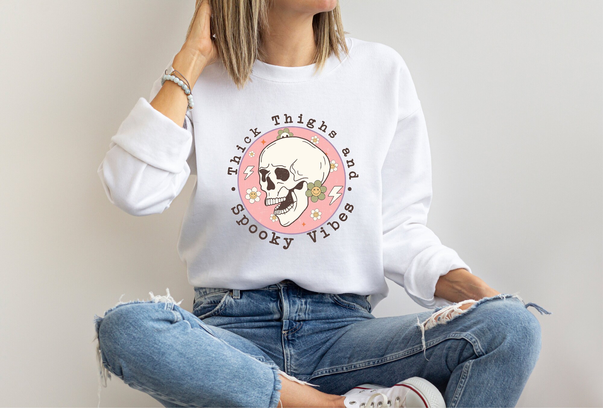 Thick Thighs & Spooky Vibes: Funny Halloween Party Sweatshirt image 1