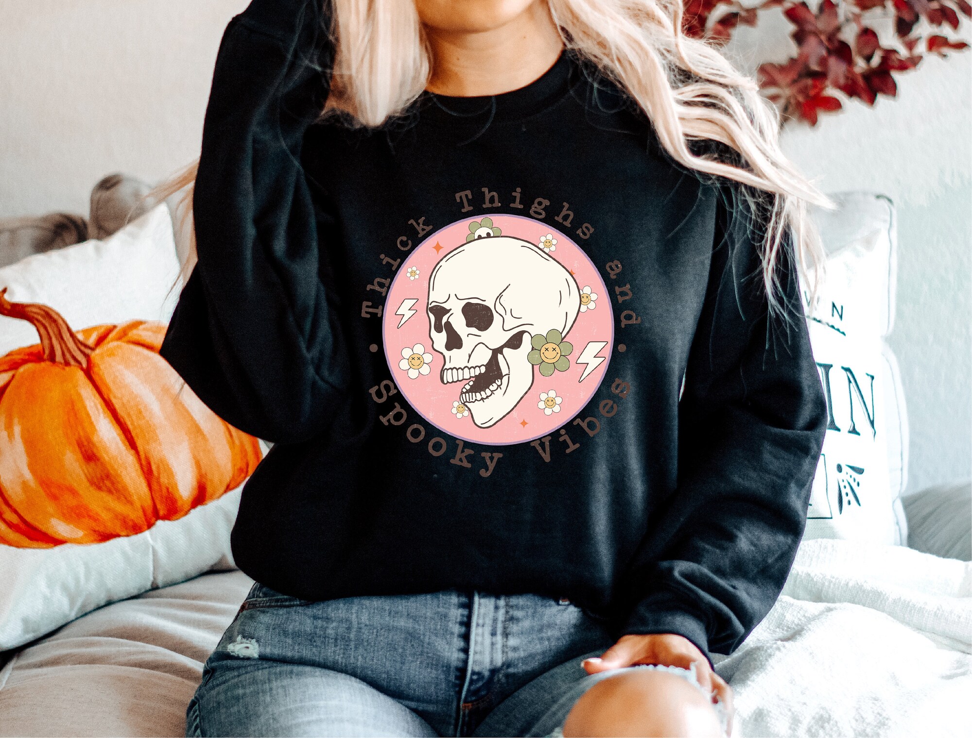 Thick Thighs & Spooky Vibes: Funny Halloween Party Sweatshirt image 5