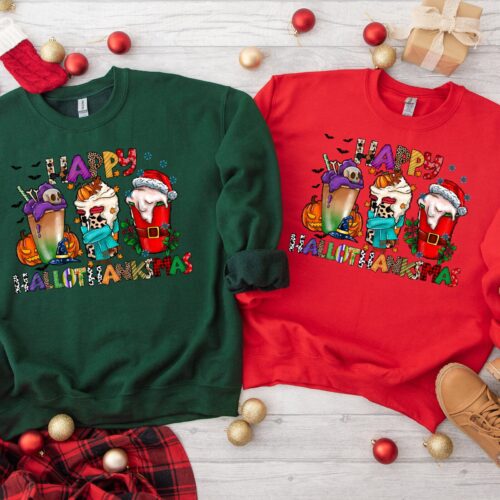 HalloThanksMas Hoodie Funny Halloween Thanksgiving Christmas Sweatshirt image 0