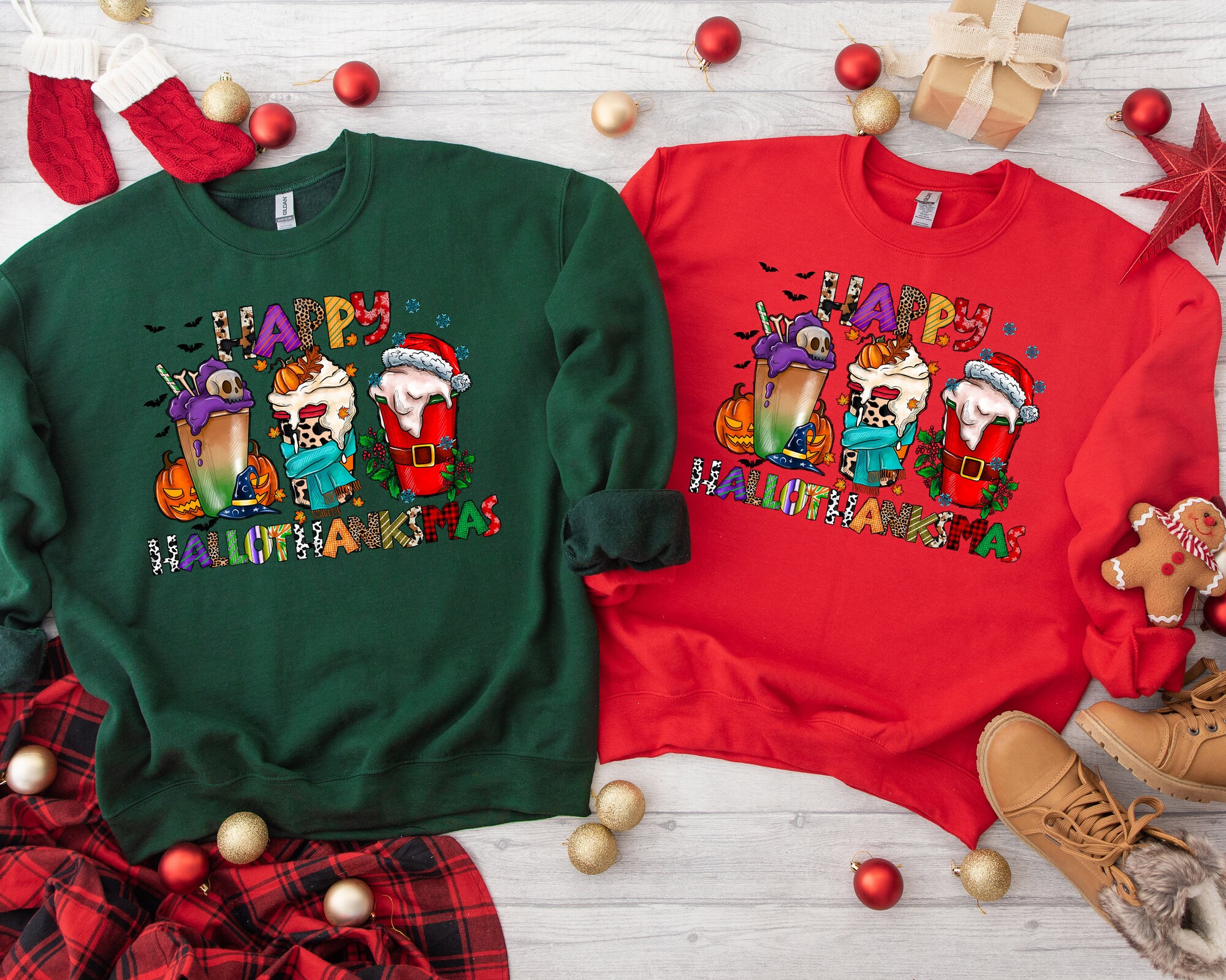 HalloThanksMas Hoodie Funny Halloween Thanksgiving Christmas Sweatshirt image 0