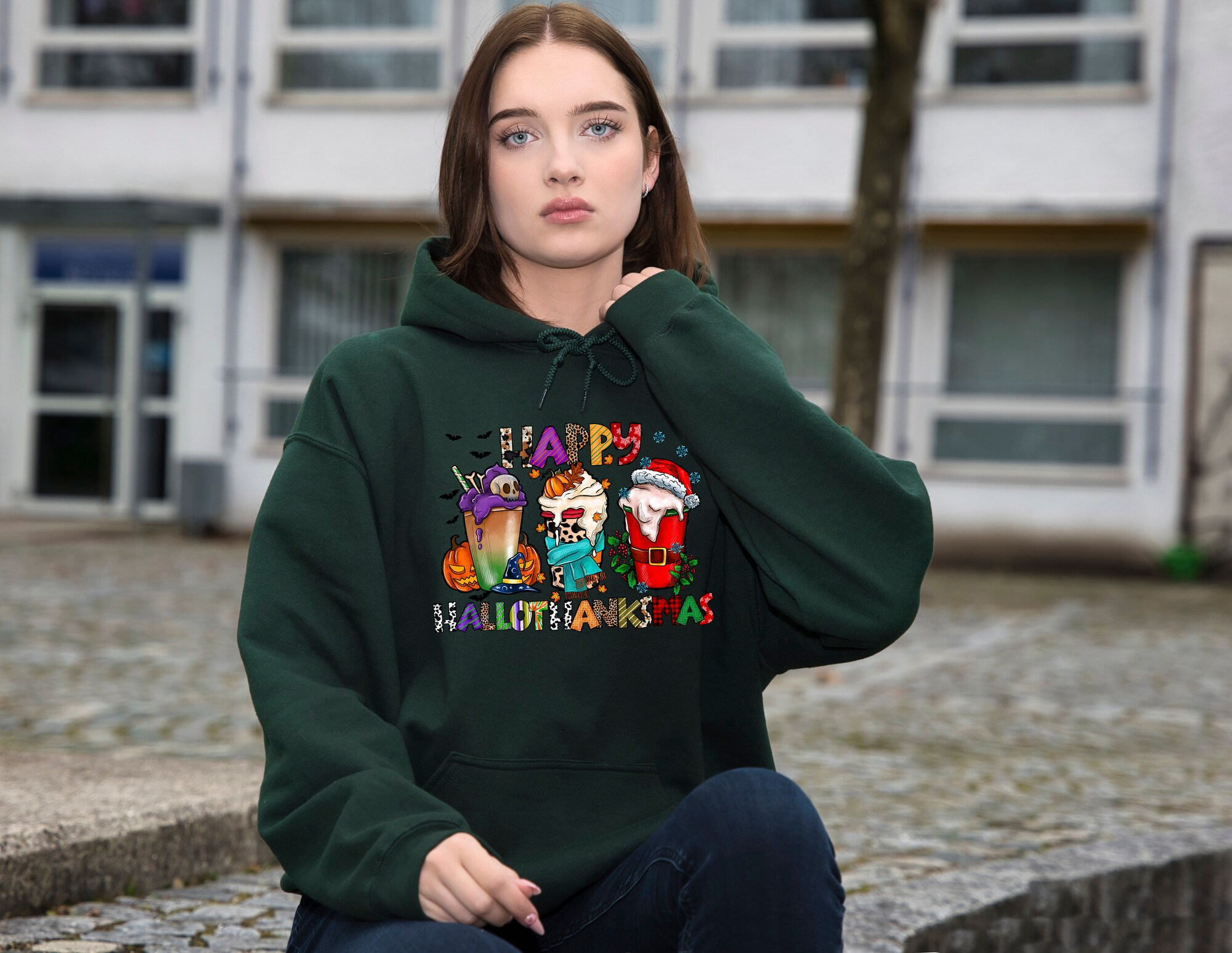 HalloThanksMas Hoodie: Funny Halloween Thanksgiving Christmas Sweatshirt image 2