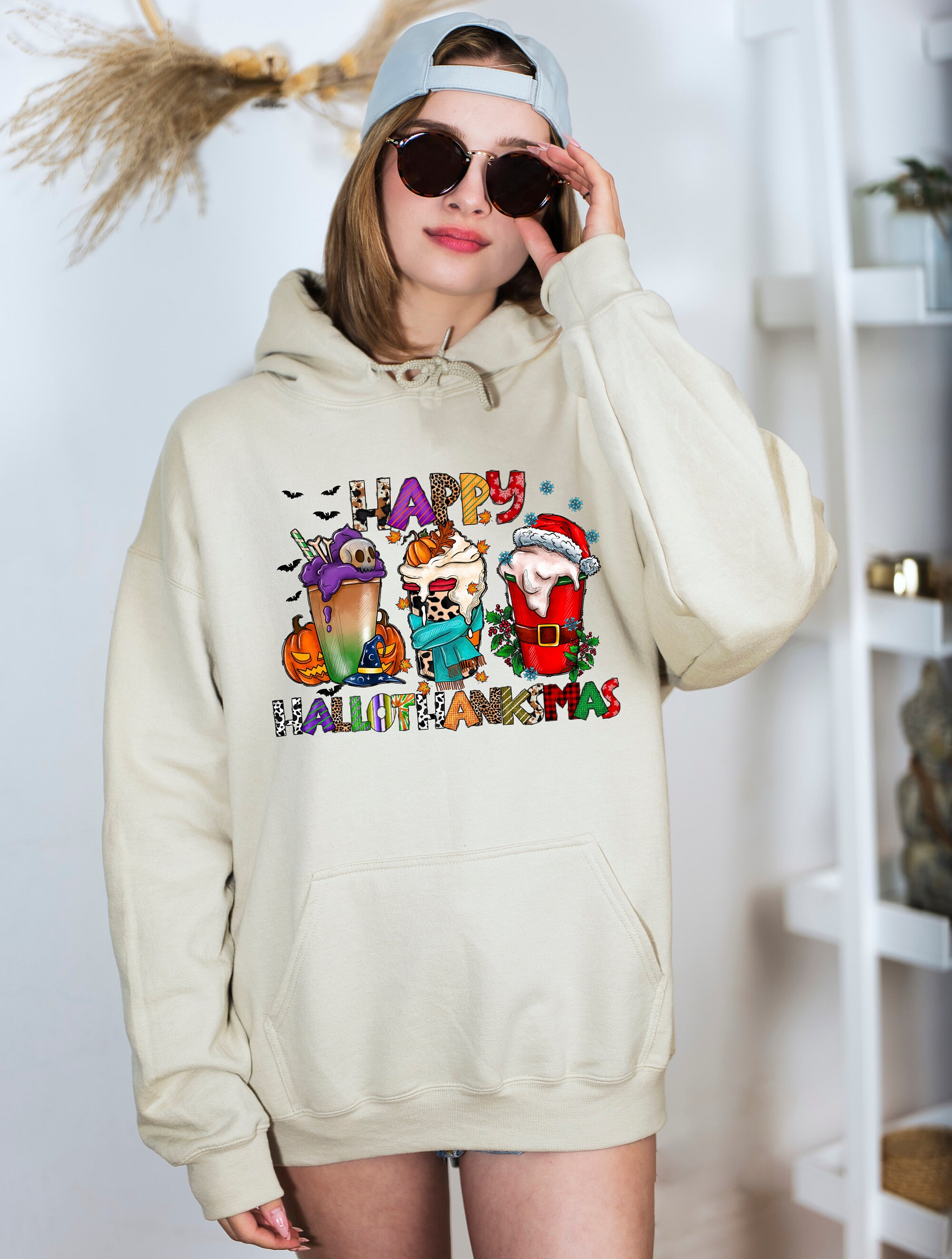 HalloThanksMas Hoodie: Funny Halloween Thanksgiving Christmas Sweatshirt image 3