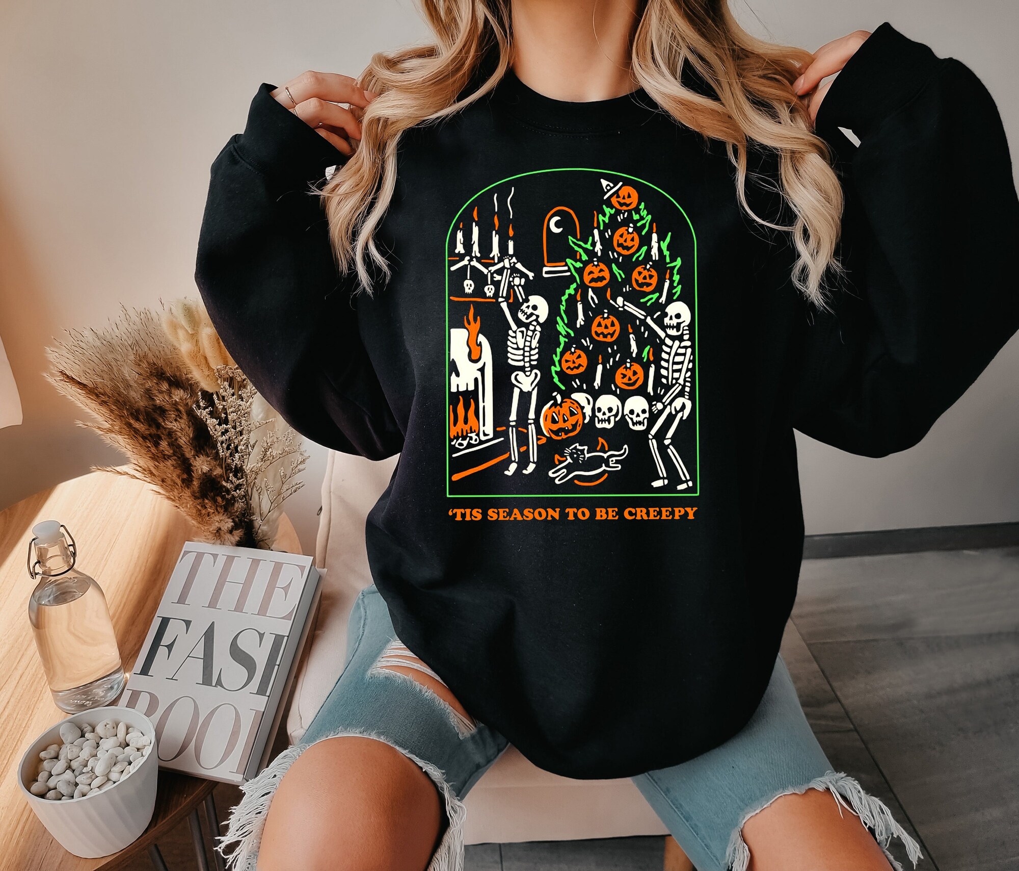 Tis the Season to be Creepy Sweatshirt: Funny Skeleton Halloween Spooky Vibes image 0