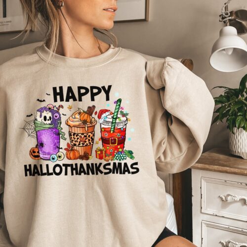 Happy Hallothanksmas Sweatshirt - Festive Holiday Season Style Christmas Tee image 0